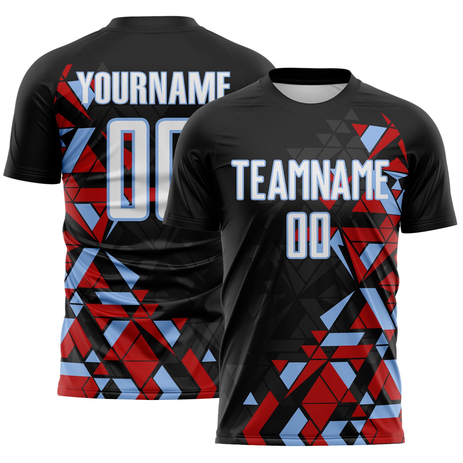 Custom Black White Red-Light Blue Geometric Grid Gradient Sublimation Soccer Uniform Jersey