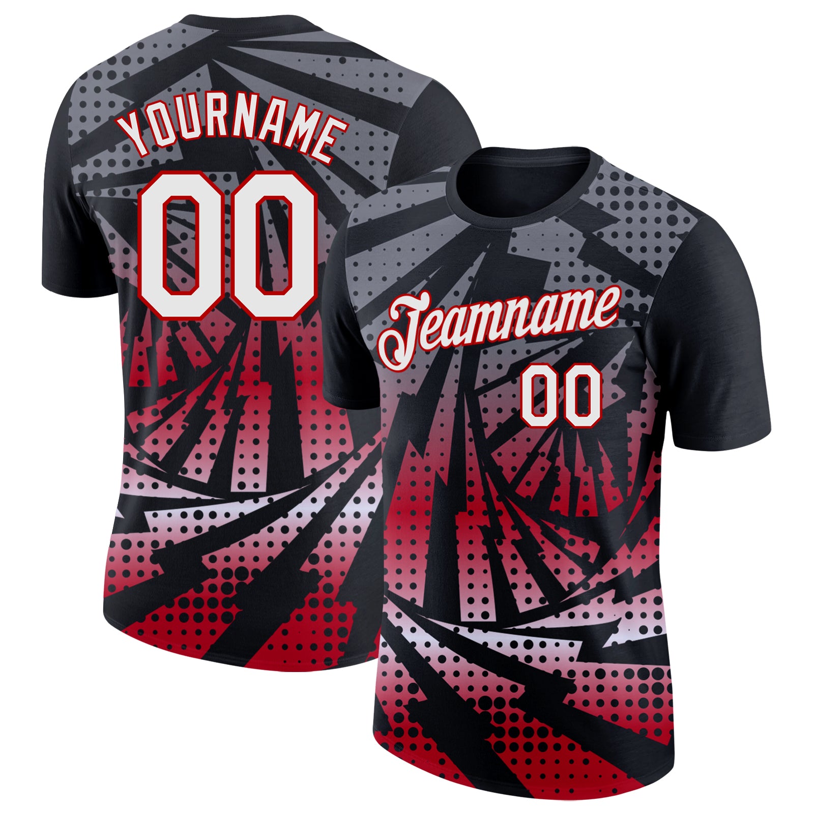 Custom Black White-Red Lightning Gradient Dot Performance T-Shirt