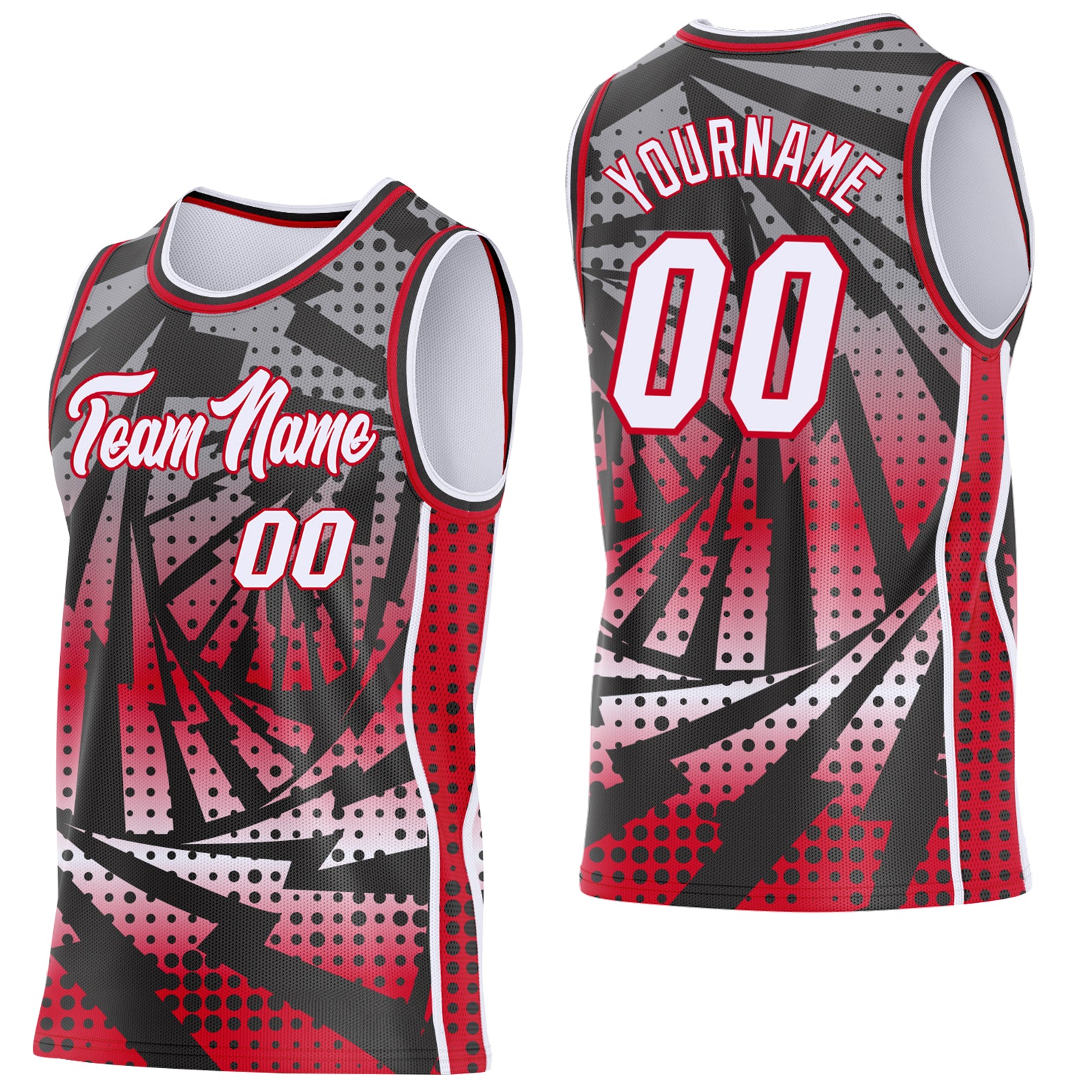 Custom Black White-Red Lightning Gradient Dot Side Panel Stripe Round Neck Sublimation Basketball Set Jersey