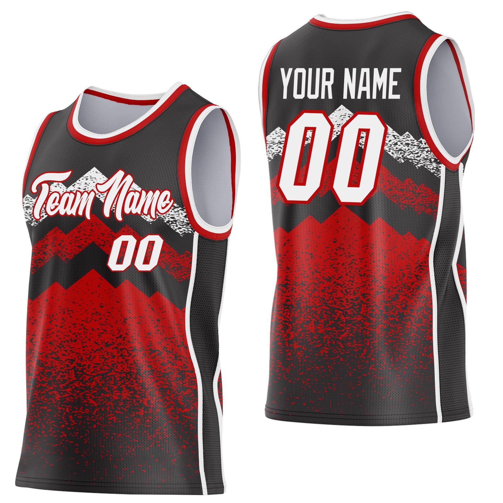Custom Black White-Red Mountain Peak Shards Side Panel Stripe Round Neck Sublimation Basketball Set Jersey