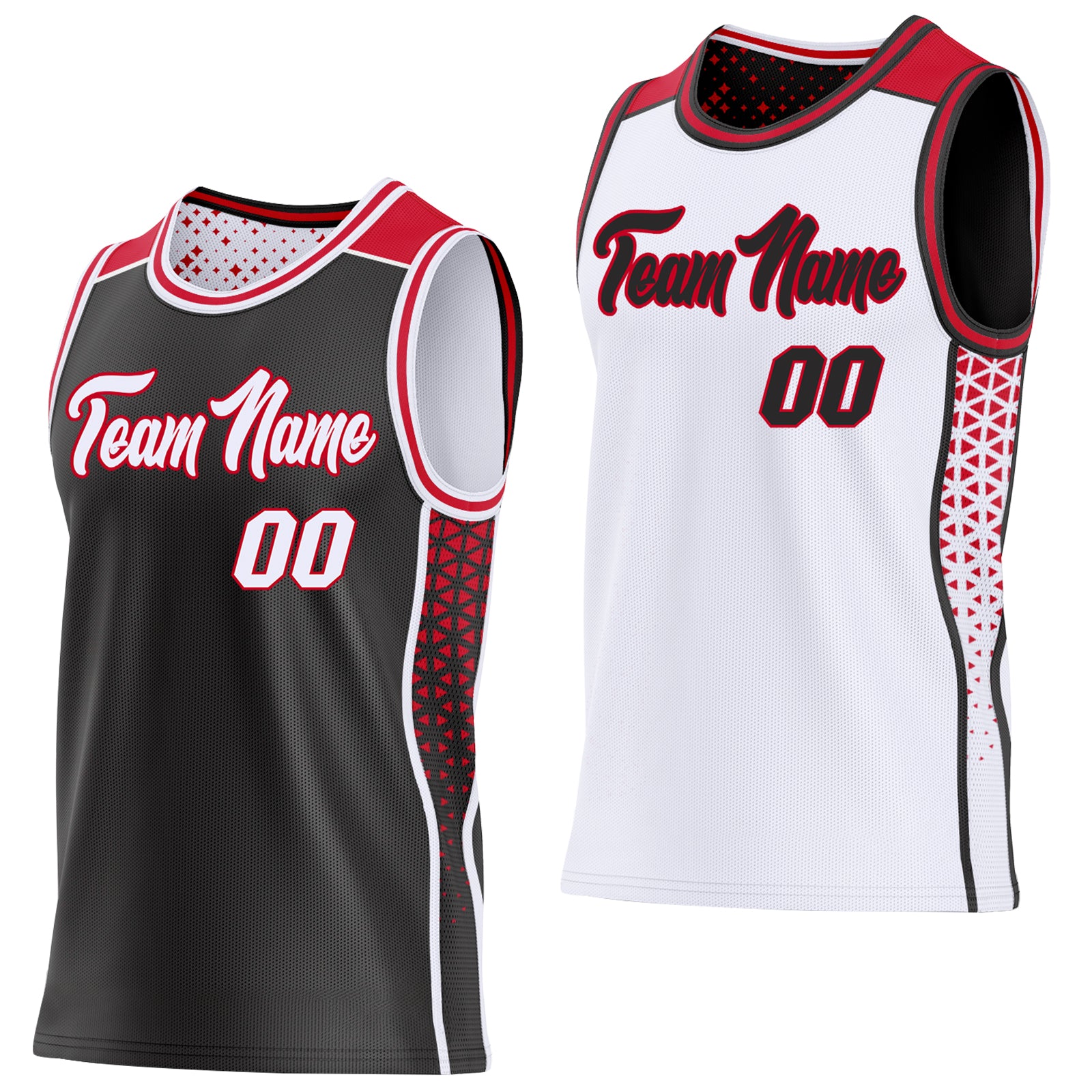Custom Black White-Red Side Panel Stripe Geometric Triangle Gradient Dot Reversible Double Side Sublimation Basketball Set Jersey