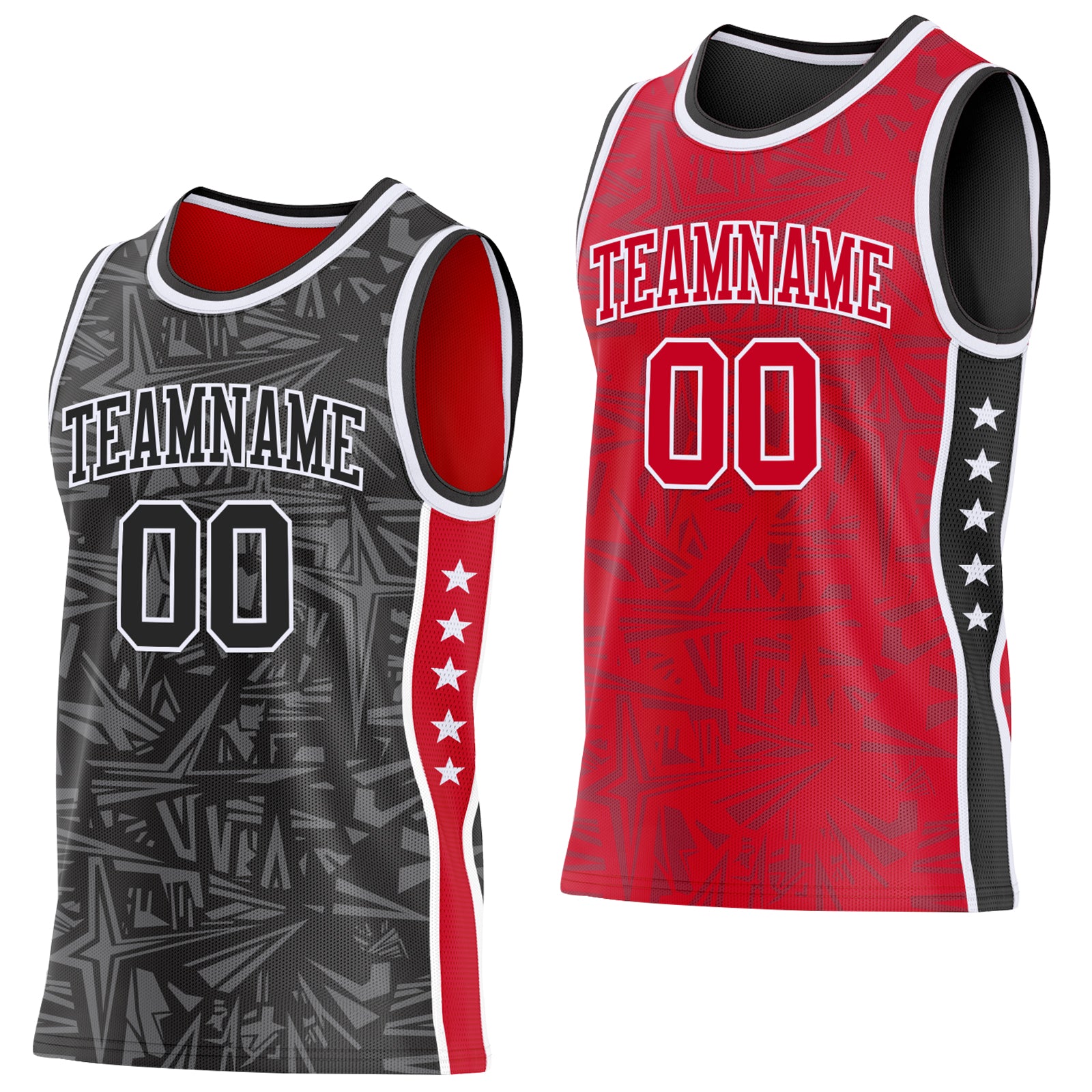 Custom Black White-Red Side Panel Stripe Stars Geometric Shatter Starburst Reversible Double Side Sublimation Basketball Set Jersey