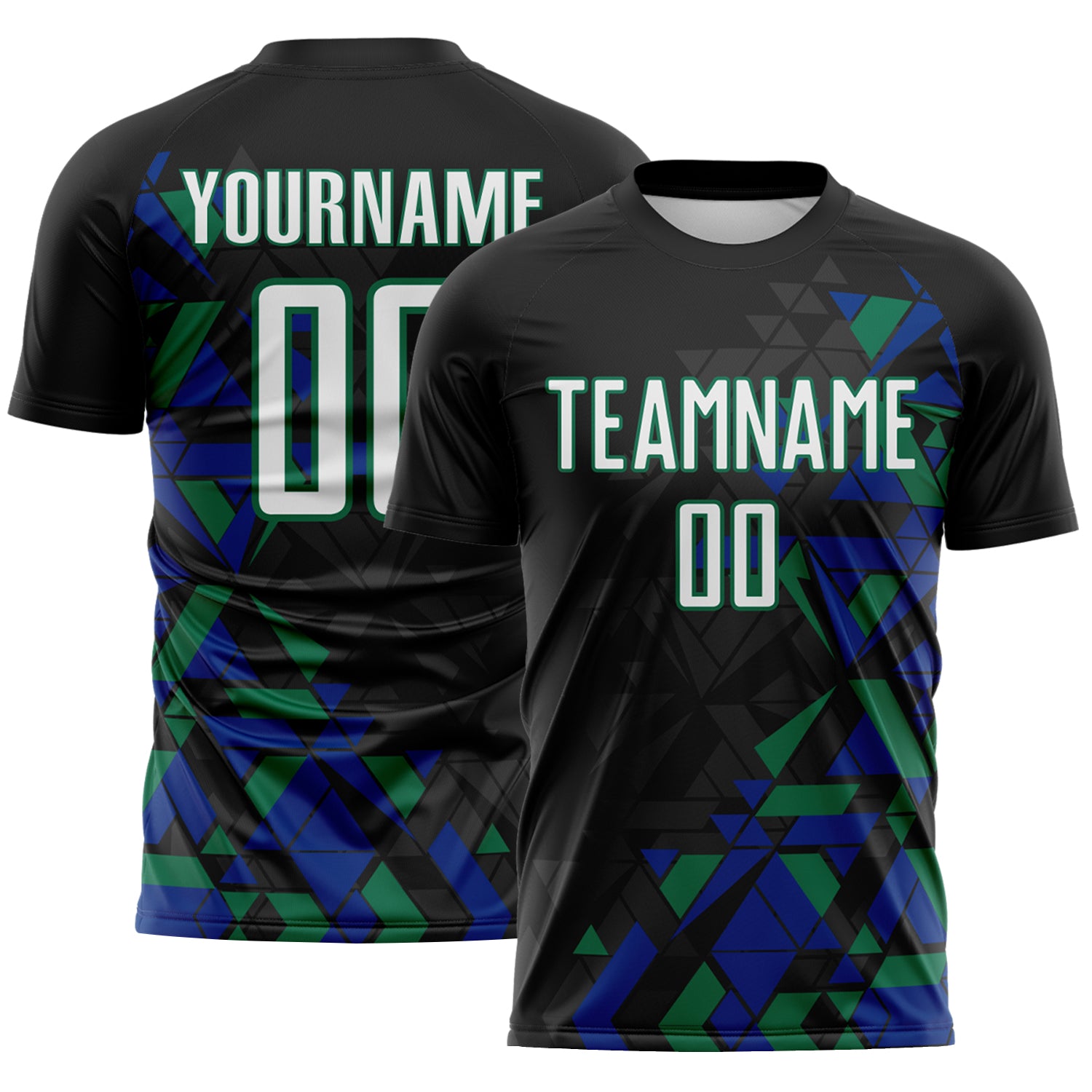 Custom Black White Royal-Kelly Green Geometric Grid Gradient Sublimation Soccer Uniform Jersey