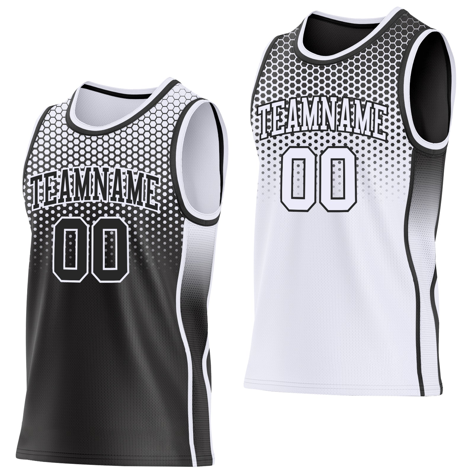 Custom Black-White Side Panel Stripe Gradient Geometric Honeycomb Reversible Double Side Sublimation Basketball Set Jersey