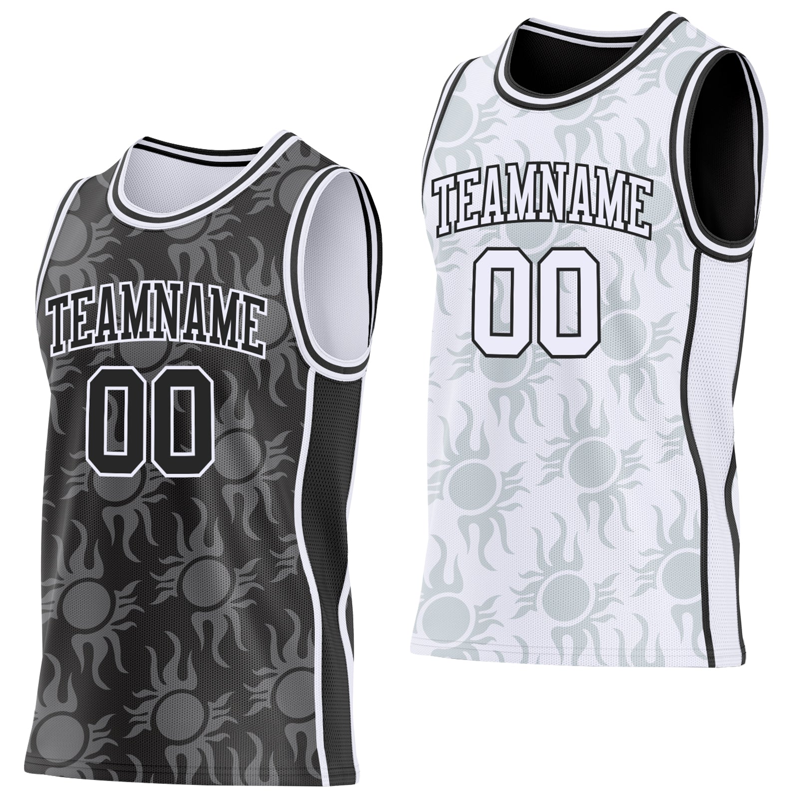 Custom Black-White Side Panel Stripe Sun Flame Reversible Double Side Sublimation Basketball Set Jersey