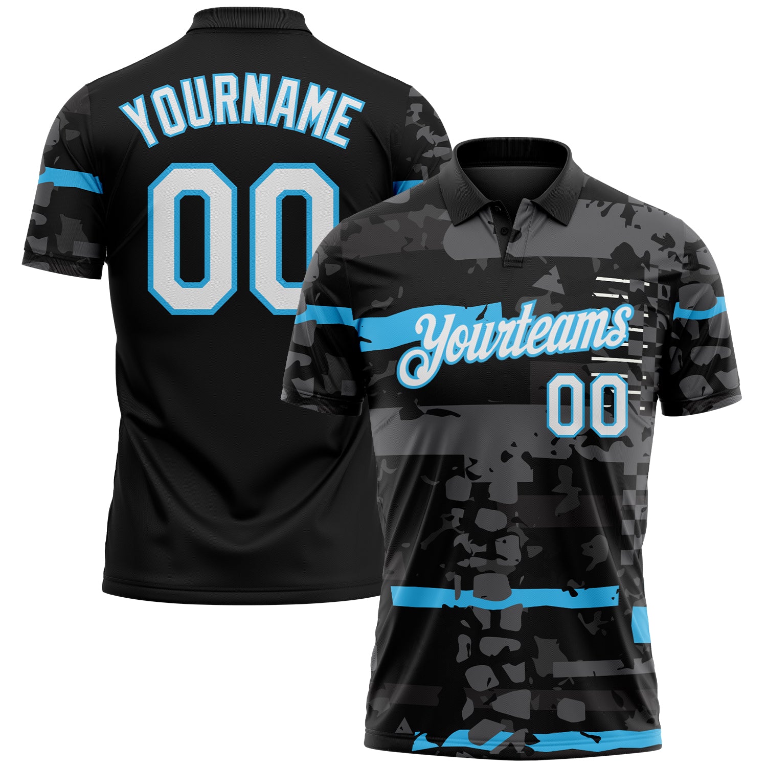 Custom Black White-Sky Blue Abstract Geometric Grunge Fragment Performance Polo Shirt