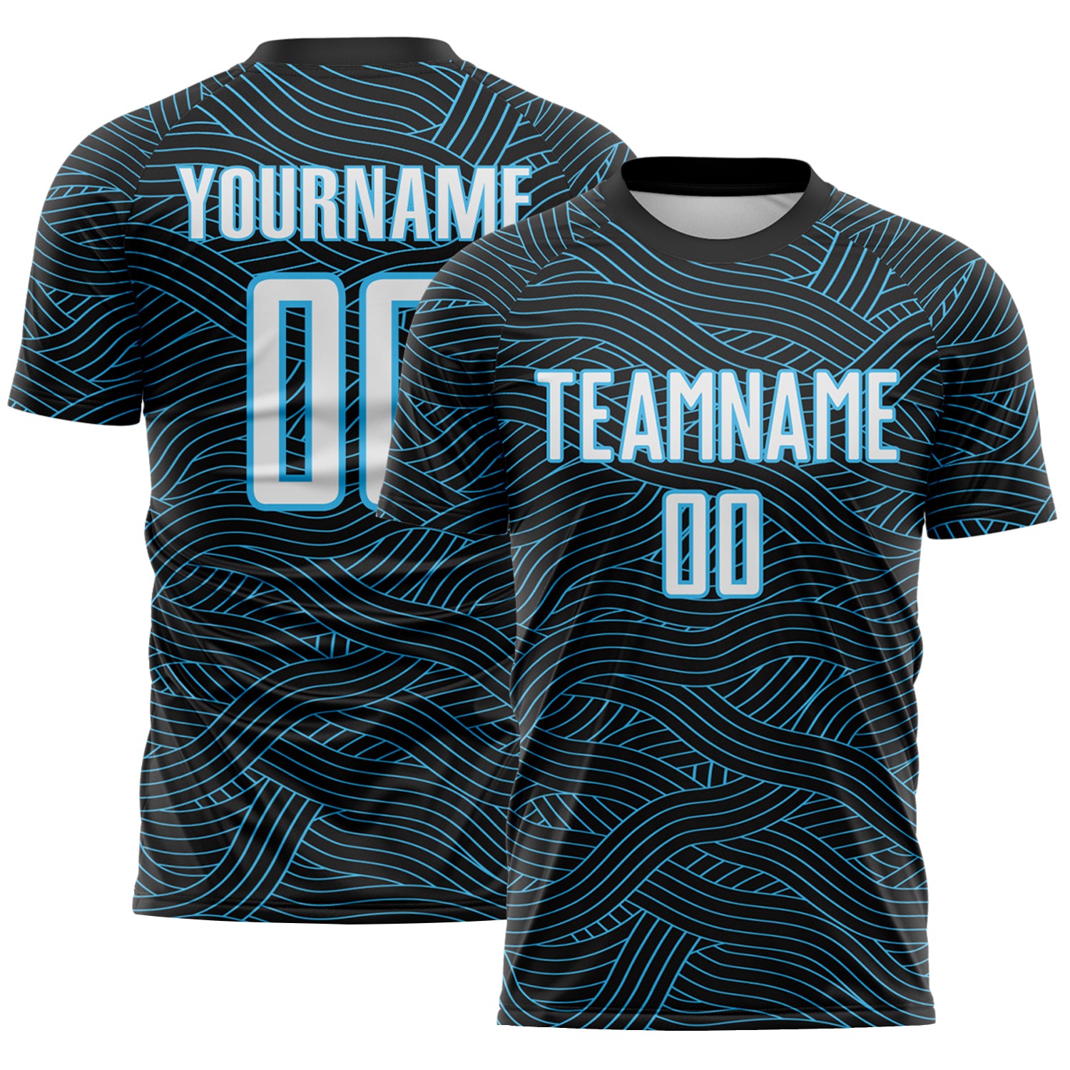 Custom Black White-Sky Blue Abstract Wave Lines Interlocking Sublimation Soccer Uniform Jersey