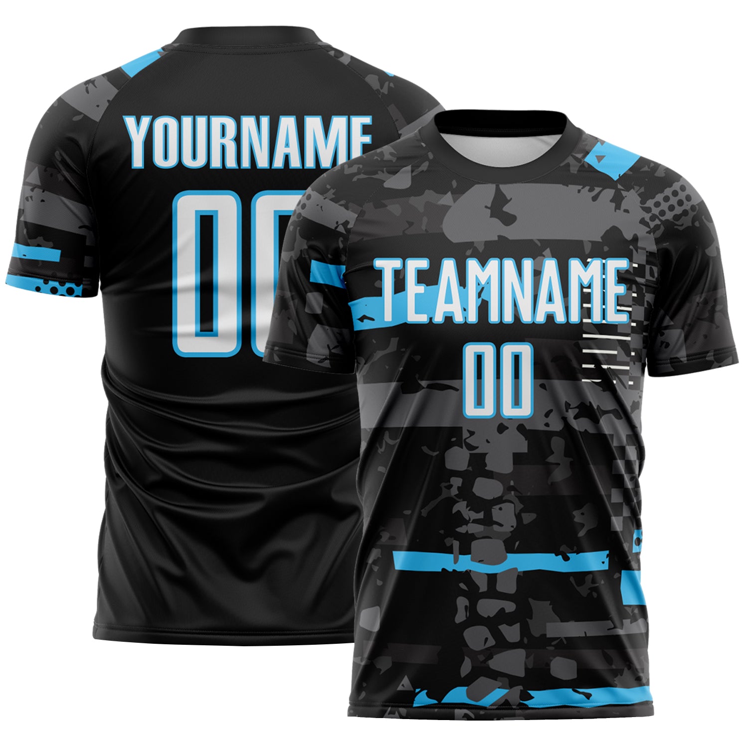 Custom Black White Sky Blue-Gray Abstract Geometric Stripe Fragment Sublimation Soccer Uniform Jersey