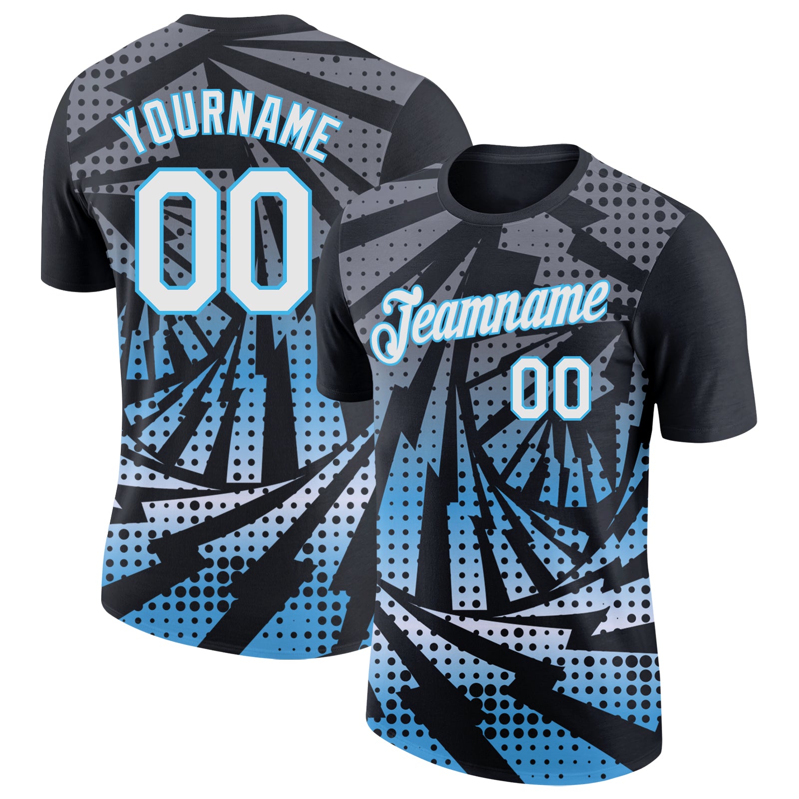 Custom Black White-Sky Blue Lightning Gradient Dot Performance T-Shirt