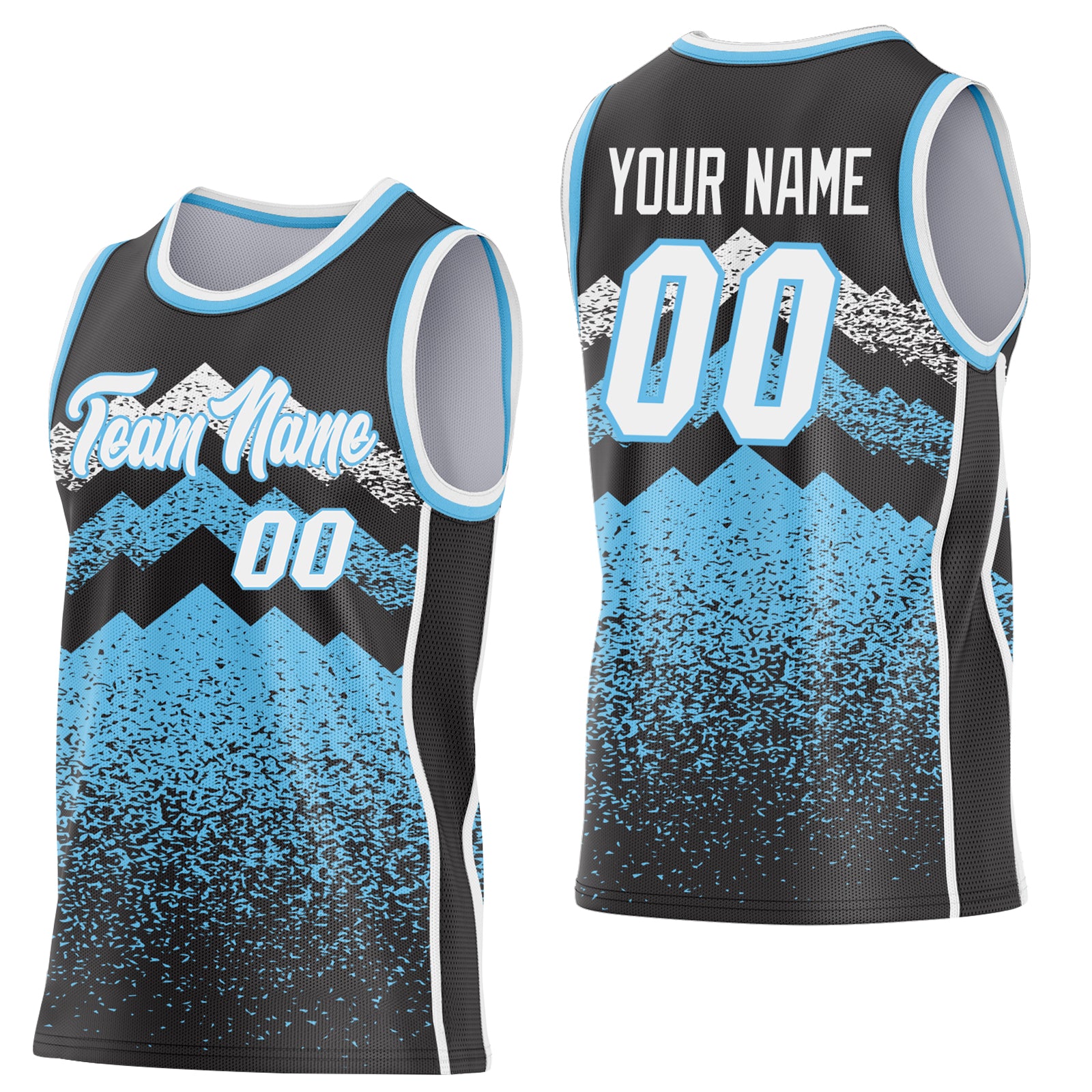 Custom Black White-Sky Blue Mountain Peak Shards Side Panel Stripe Round Neck Sublimation Basketball Set Jersey