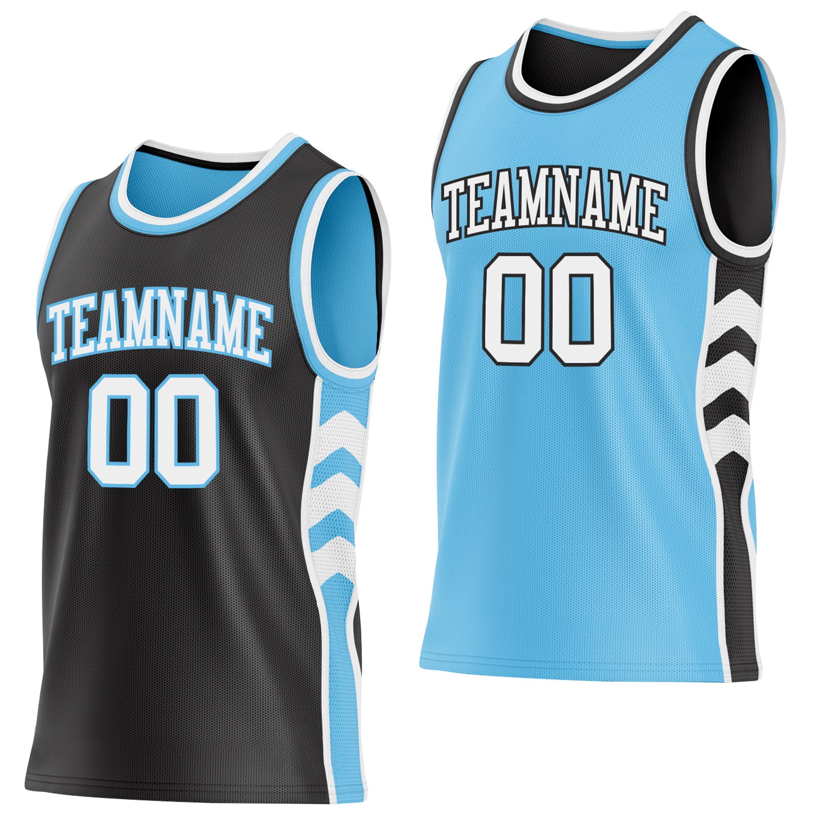 Custom Black White-Sky Blue Side Panel Geometric Chevron Reversible Double Side Sublimation Basketball Set Jersey