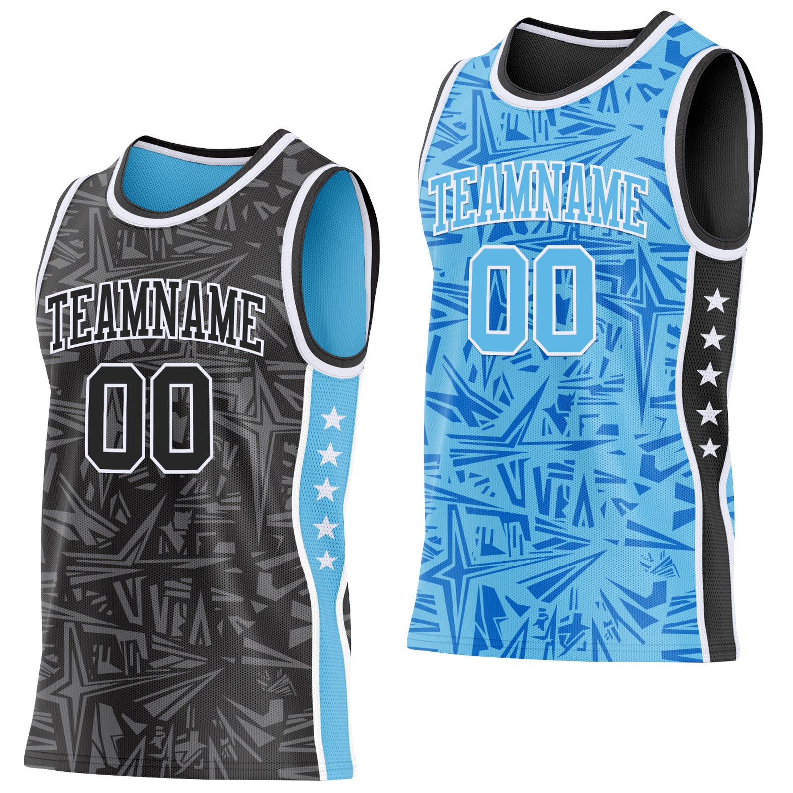 Custom Black White-Sky Blue Side Panel Stripe Stars Geometric Shatter Starburst Reversible Double Side Sublimation Basketball Set Jersey