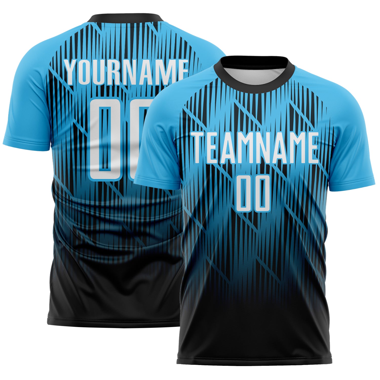Custom Black White-Sky Blue Spiked Sharp Lines Gradient Sublimation Soccer Uniform Jersey