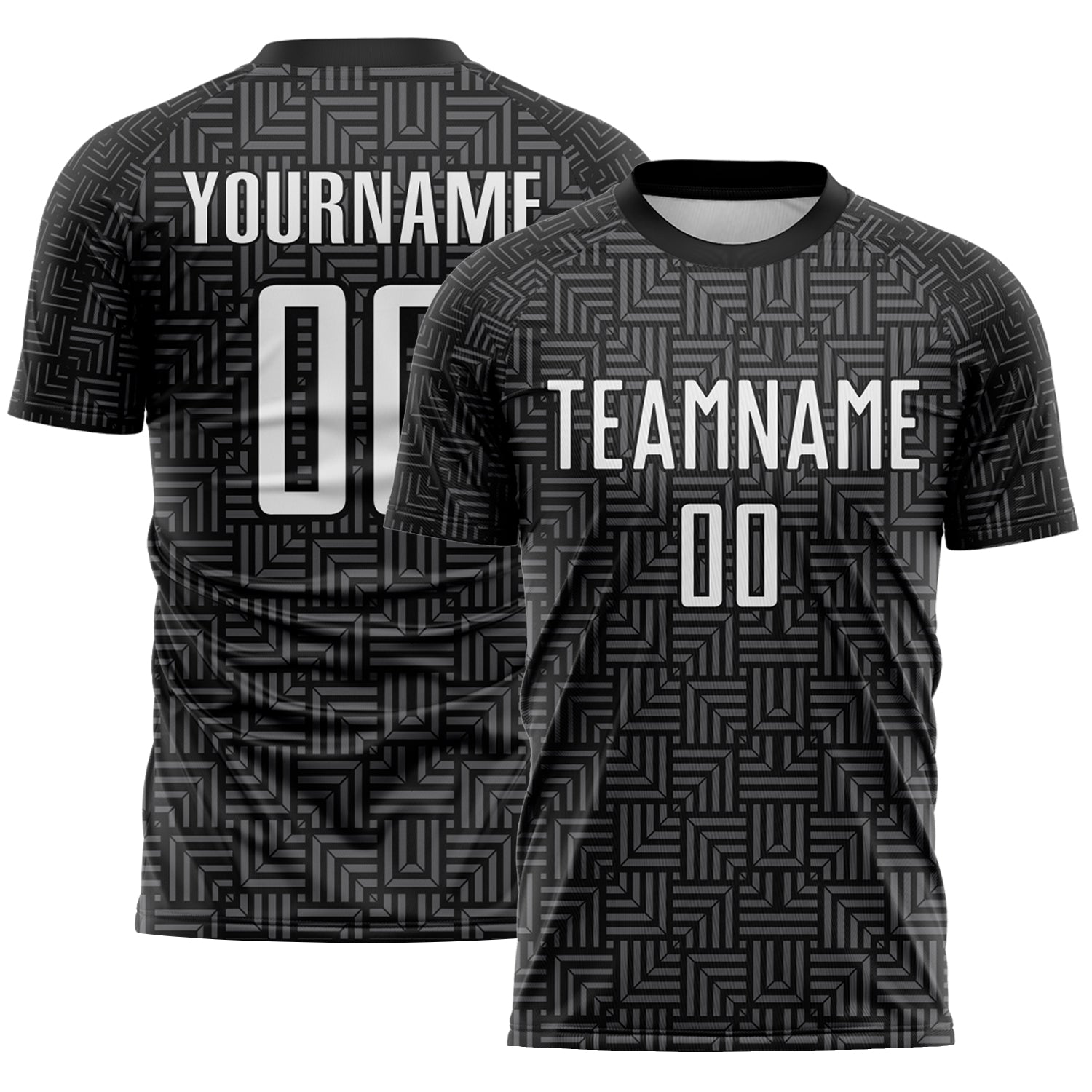 Custom Black White-Steel Gray Geometric Maze Interlocking Square Sports Sublimation Soccer Uniform Jersey