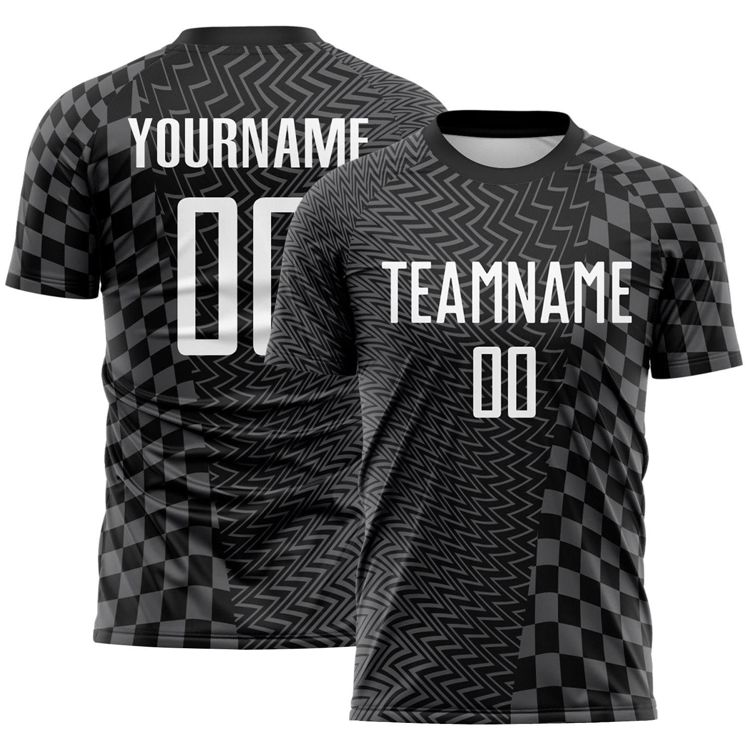 Custom Black White-Steel Gray Geometric Patchwork Asymmetry Checkered Zigzag Lines Sublimation Soccer Uniform Jersey