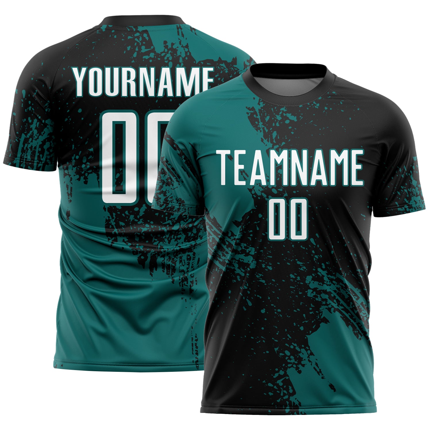 Custom Black White-Teal Abstract Brush Stroke Sports Sublimation Soccer Uniform Jersey