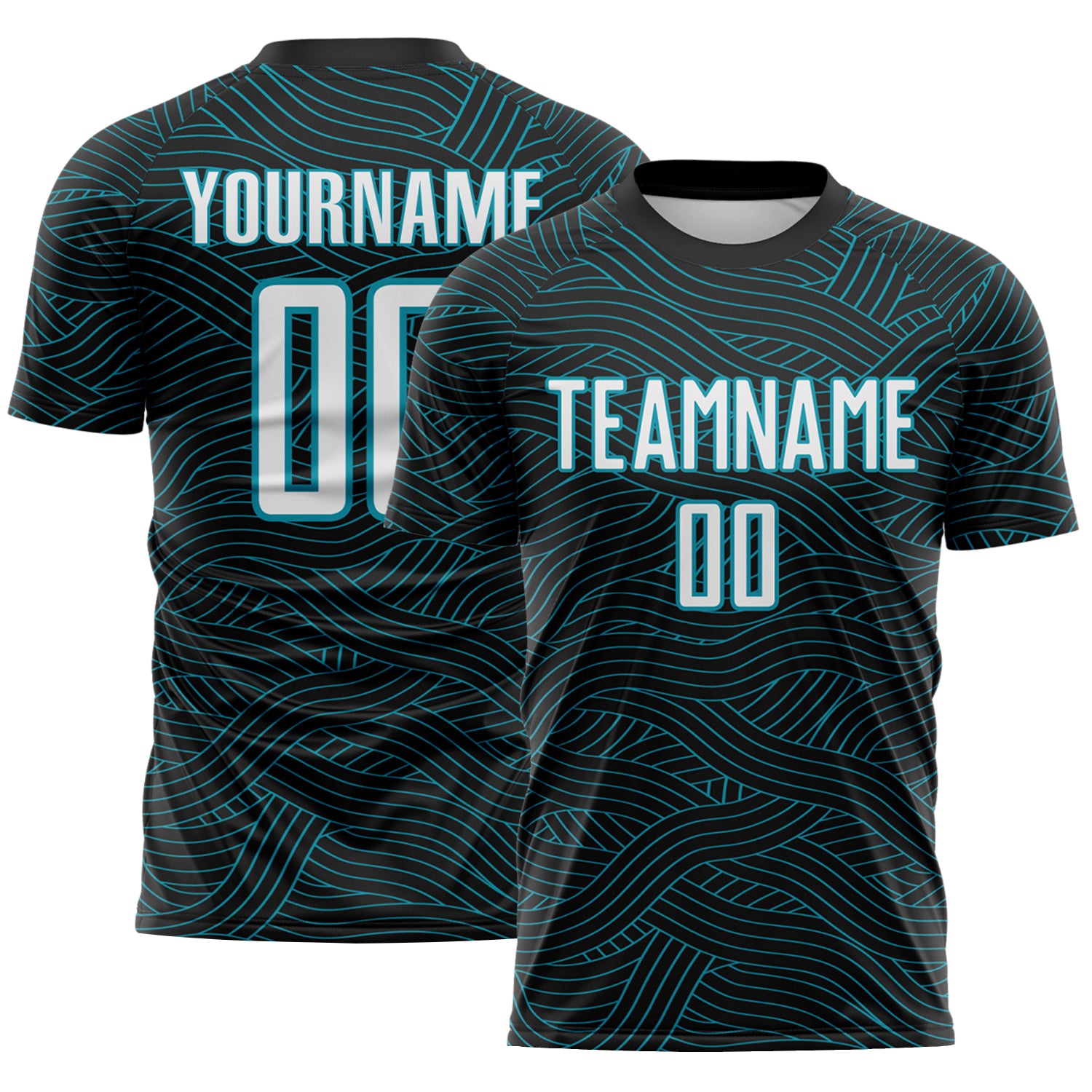 Custom Black White-Teal Abstract Wave Lines Interlocking Sublimation Soccer Uniform Jersey