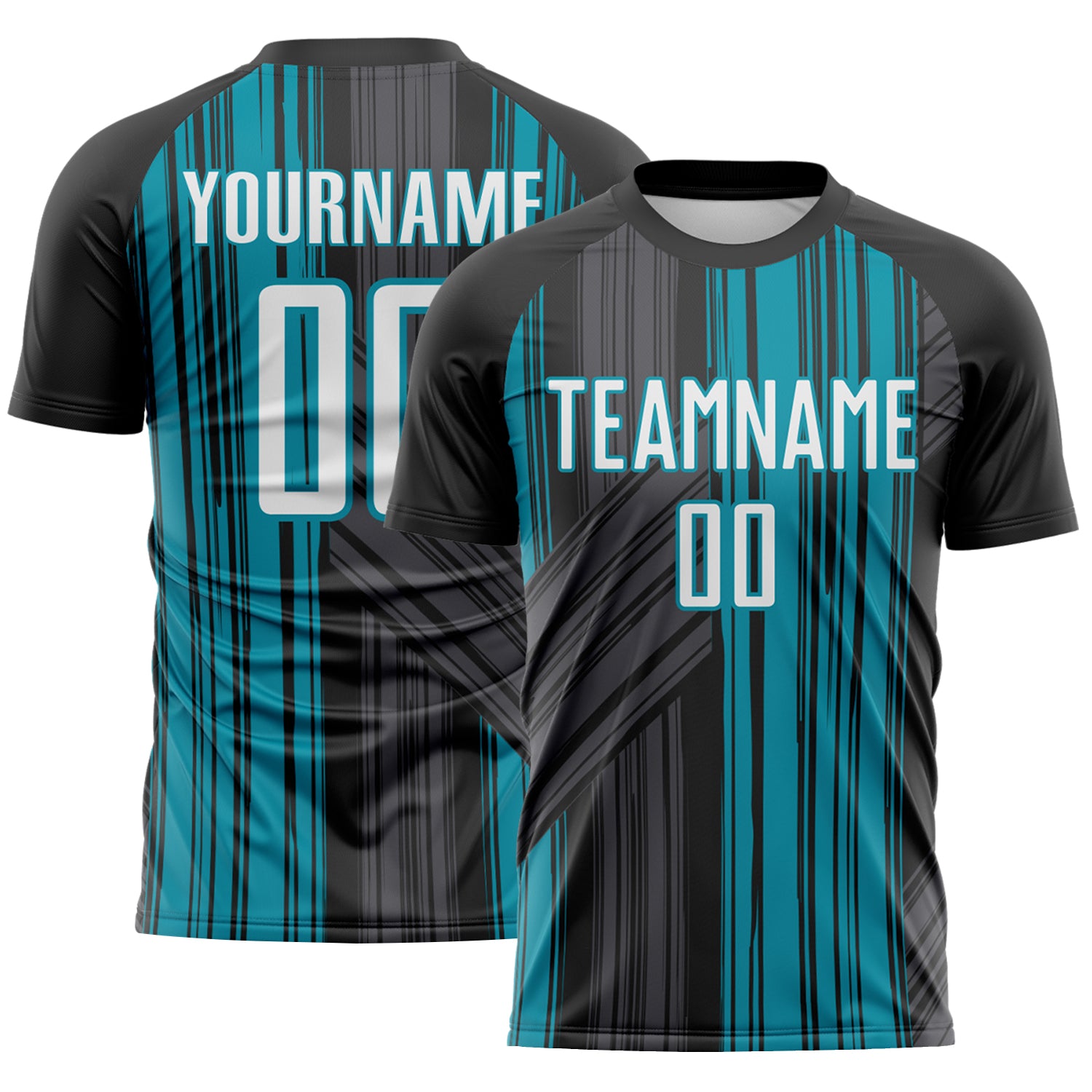 Custom Black White-Teal Brush Stroke Fluid Stripes Sublimation Soccer Uniform Jersey