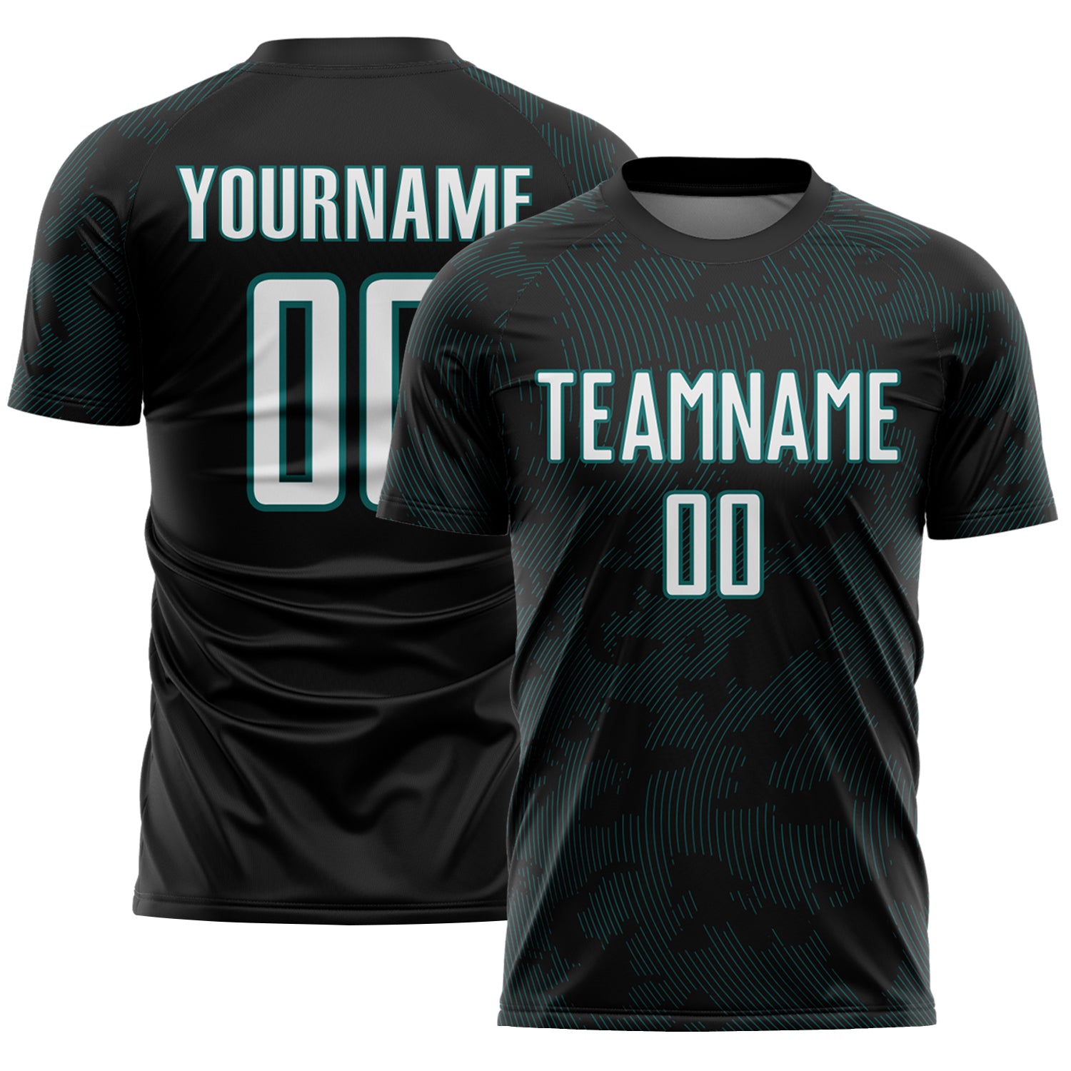 Custom Black White-Teal Curve Lines Sublimation Soccer Uniform Jersey