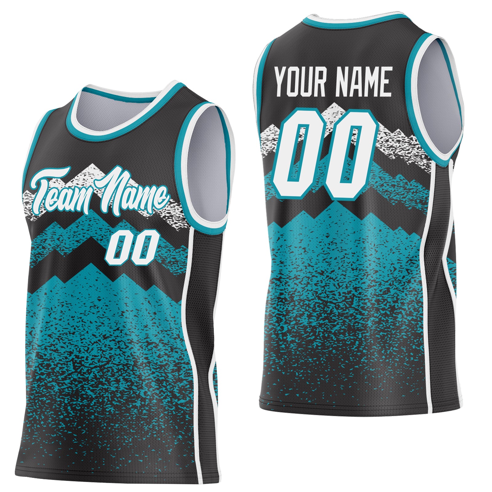 Custom Black White-Teal Mountain Peak Shards Side Panel Stripe Round Neck Sublimation Basketball Set Jersey