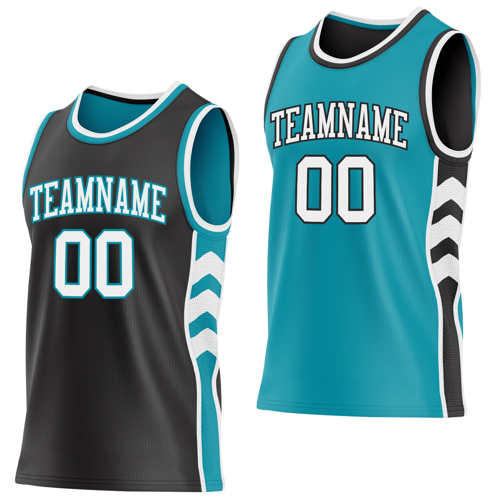 Custom Black White-Teal Side Panel Geometric Chevron Reversible Double Side Sublimation Basketball Set Jersey