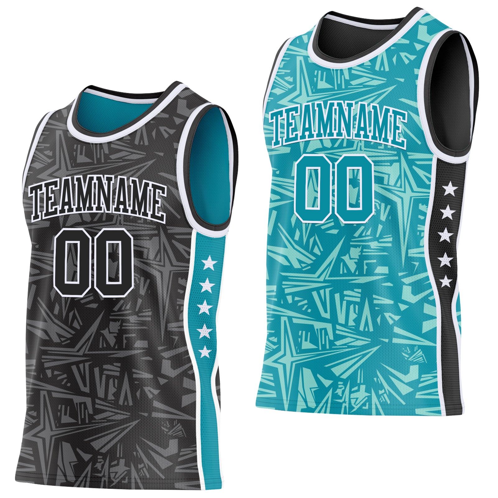 Custom Black White-Teal Side Panel Stripe Stars Geometric Shatter Starburst Reversible Double Side Sublimation Basketball Set Jersey