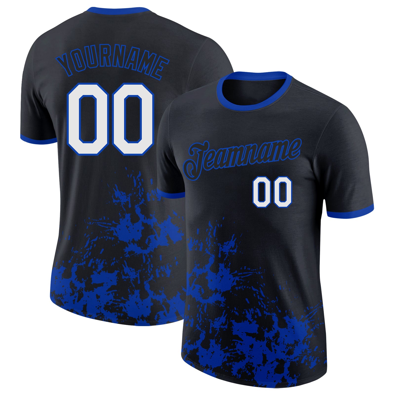 Custom Black White-Thunder Blue Brush Stroke Splatter Performance T-Shirt