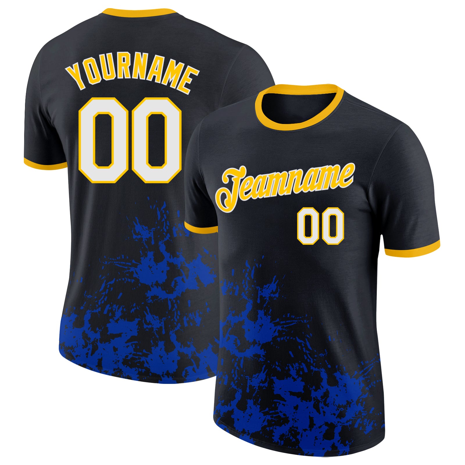 Custom Black White Thunder Blue-Yellow Brush Stroke Splatter Performance T-Shirt