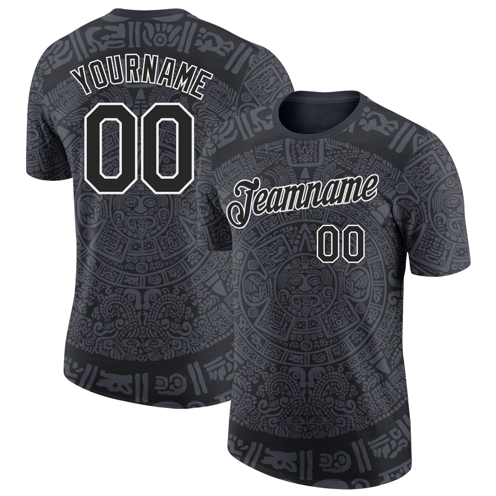 Custom Black-White Tribal Ethnic Aztec Sun Stone 3D Pattern Performance T-Shirt