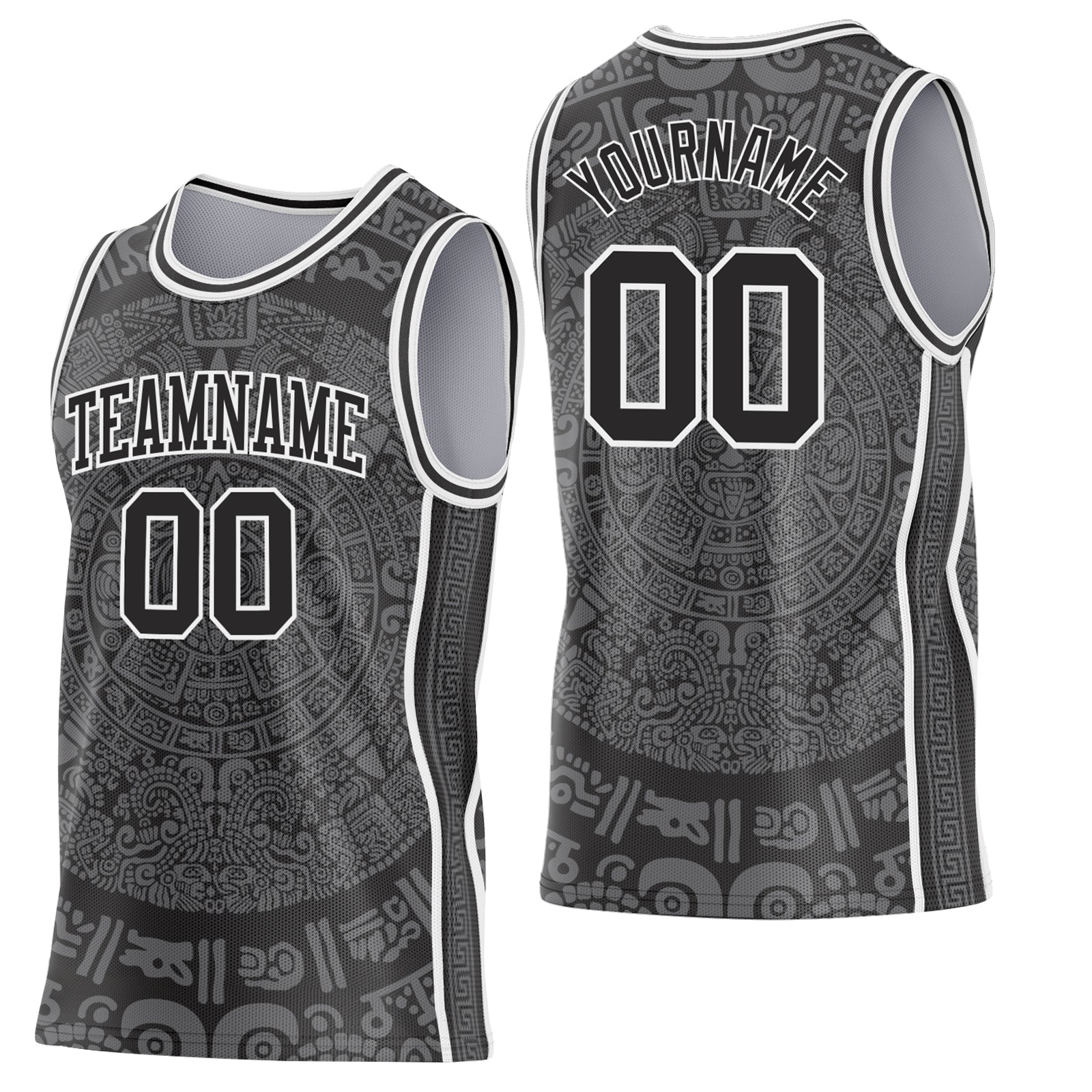 Custom Black-White Tribal Ethnic Aztec Sun Stone Side Panel Stripe Round Neck Sublimation Basketball Set Jersey