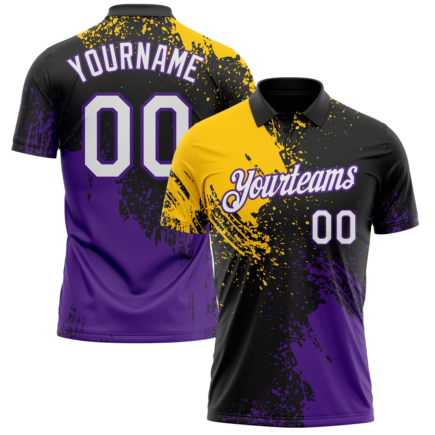 Custom Black White Yellow-Purple Distressed Scratch Brush Stroke Performance Polo Shirt