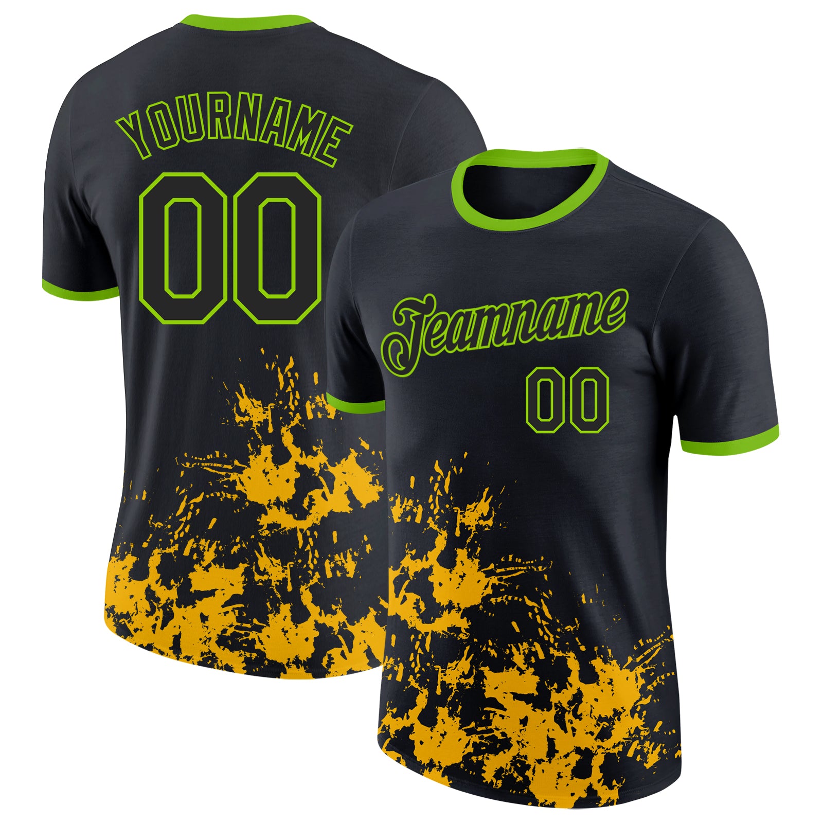 Custom Black Yellow-Neon Green Brush Stroke Splatter Performance T-Shirt