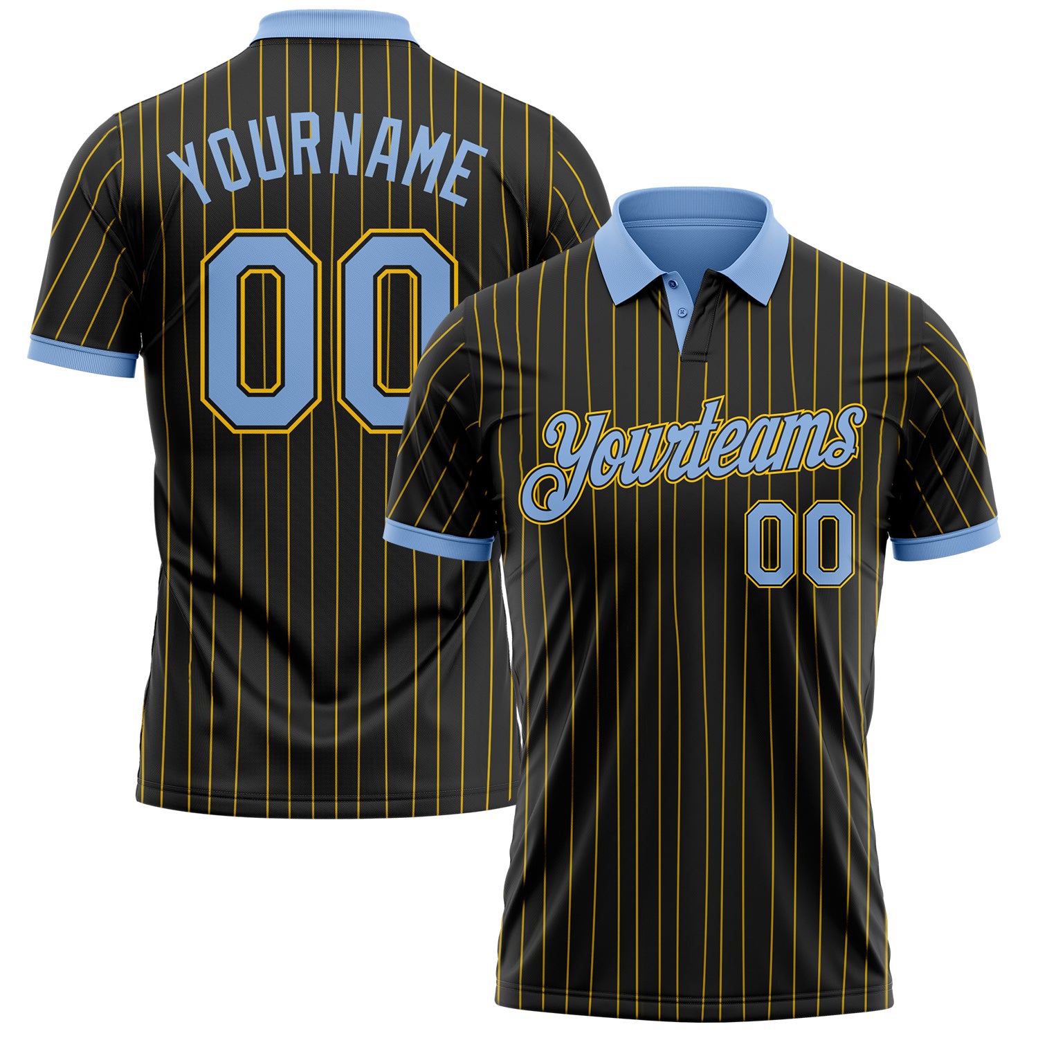 Custom Black Yellow Pinstripe-Light Blue Performance Polo Shirt
