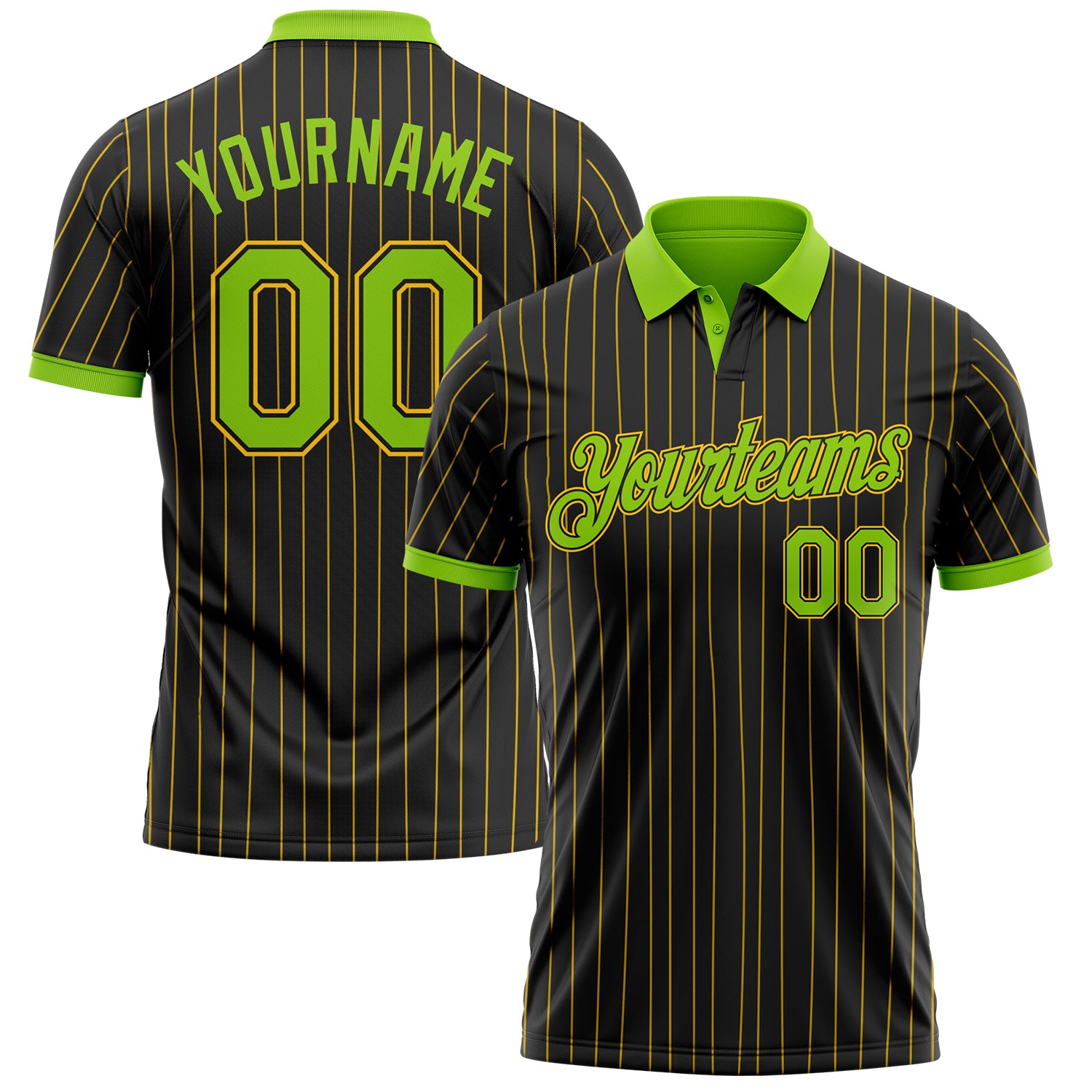 Custom Black Yellow Pinstripe-Neon Green Performance Polo Shirt