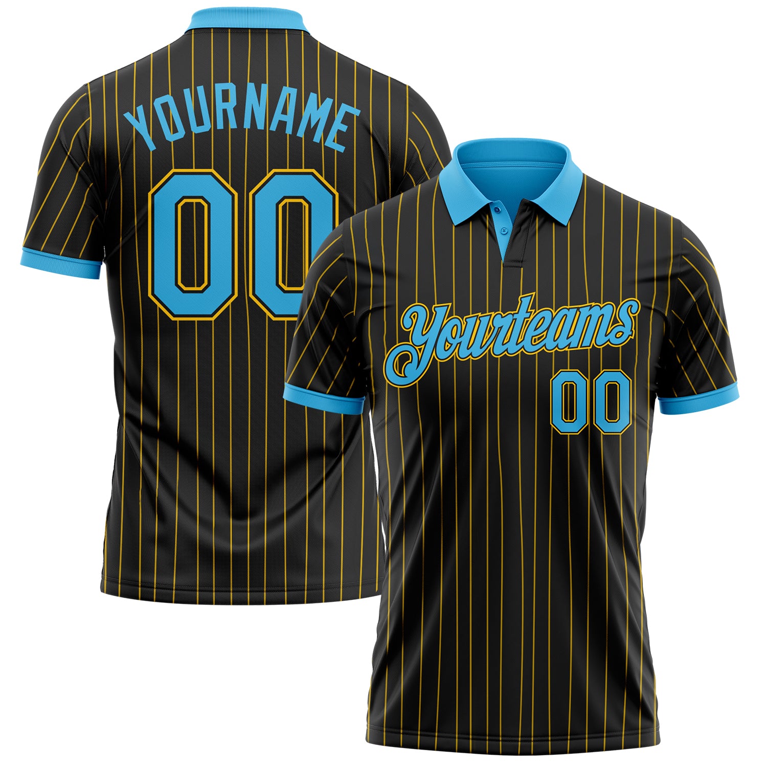 Custom Black Yellow Pinstripe-Sky Blue Performance Polo Shirt