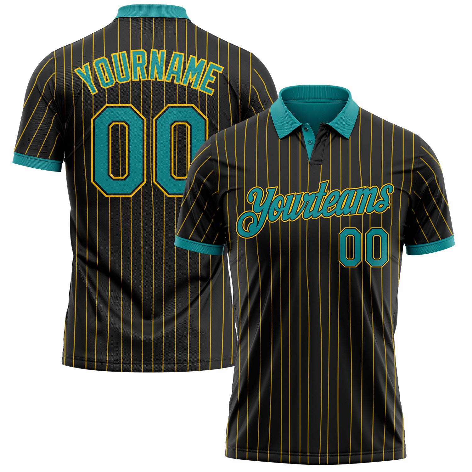 Custom Black Yellow Pinstripe-Teal Performance Polo Shirt