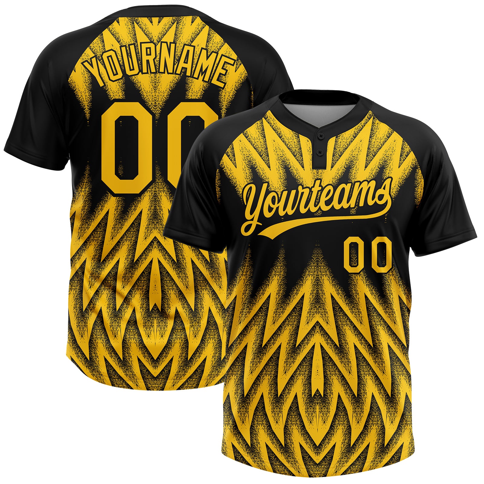 Custom Black-Yellow Raglan Sleeves Abstract Geometric Chevron Zigzag Two-Button Unisex Softball Jersey