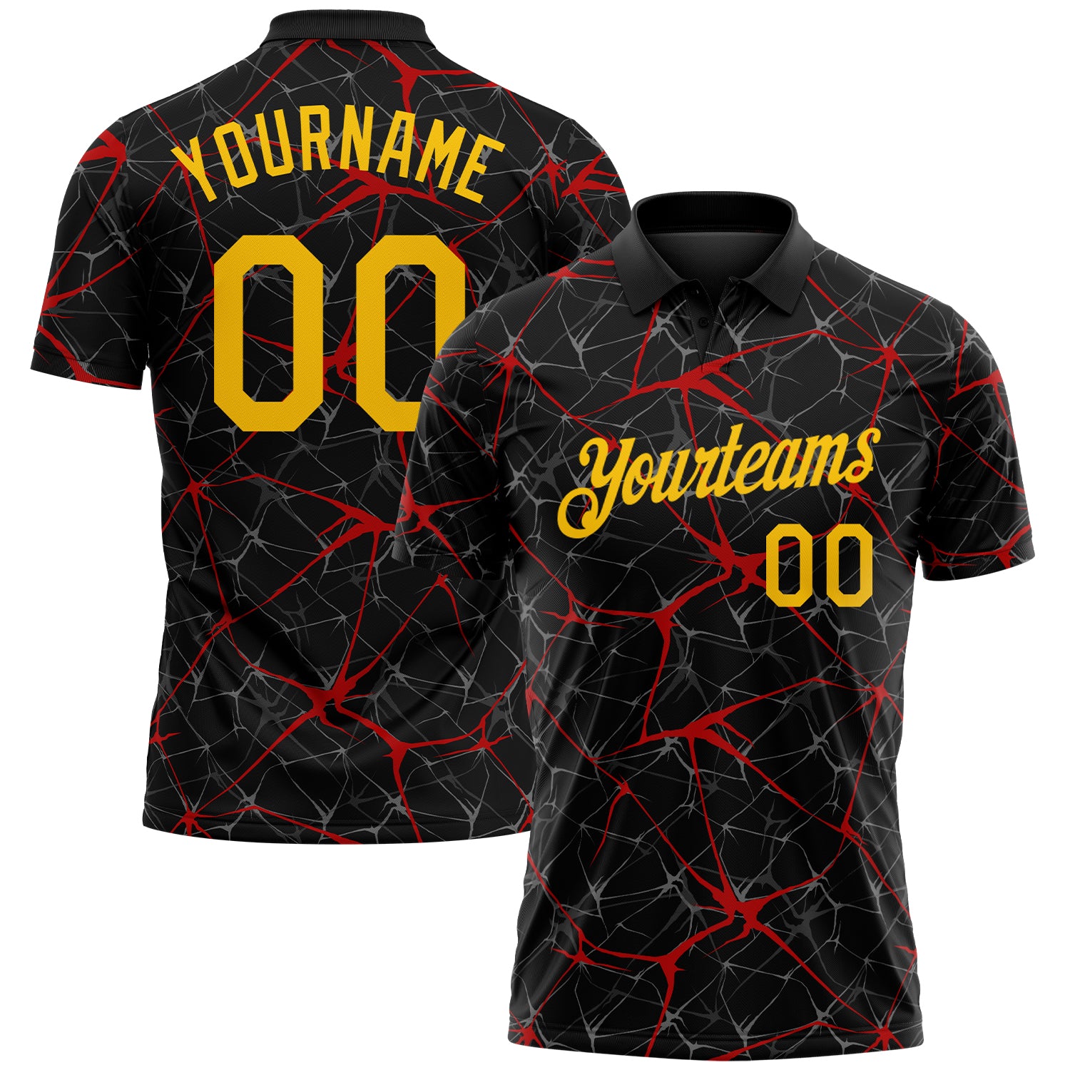 Custom Black Yellow-Red 3D Pattern Abstract Network Crackle Performance Polo Shirt