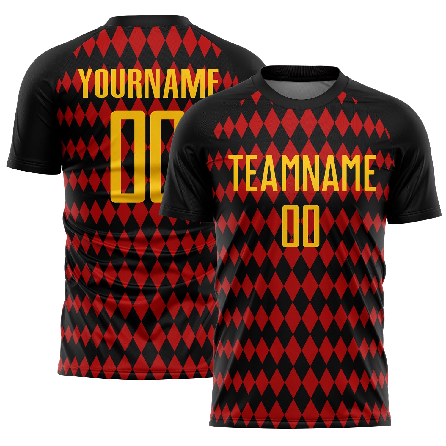 Custom Black Yellow-Red Diamond Harlequin Check Sports Sublimation Soccer Uniform Jersey