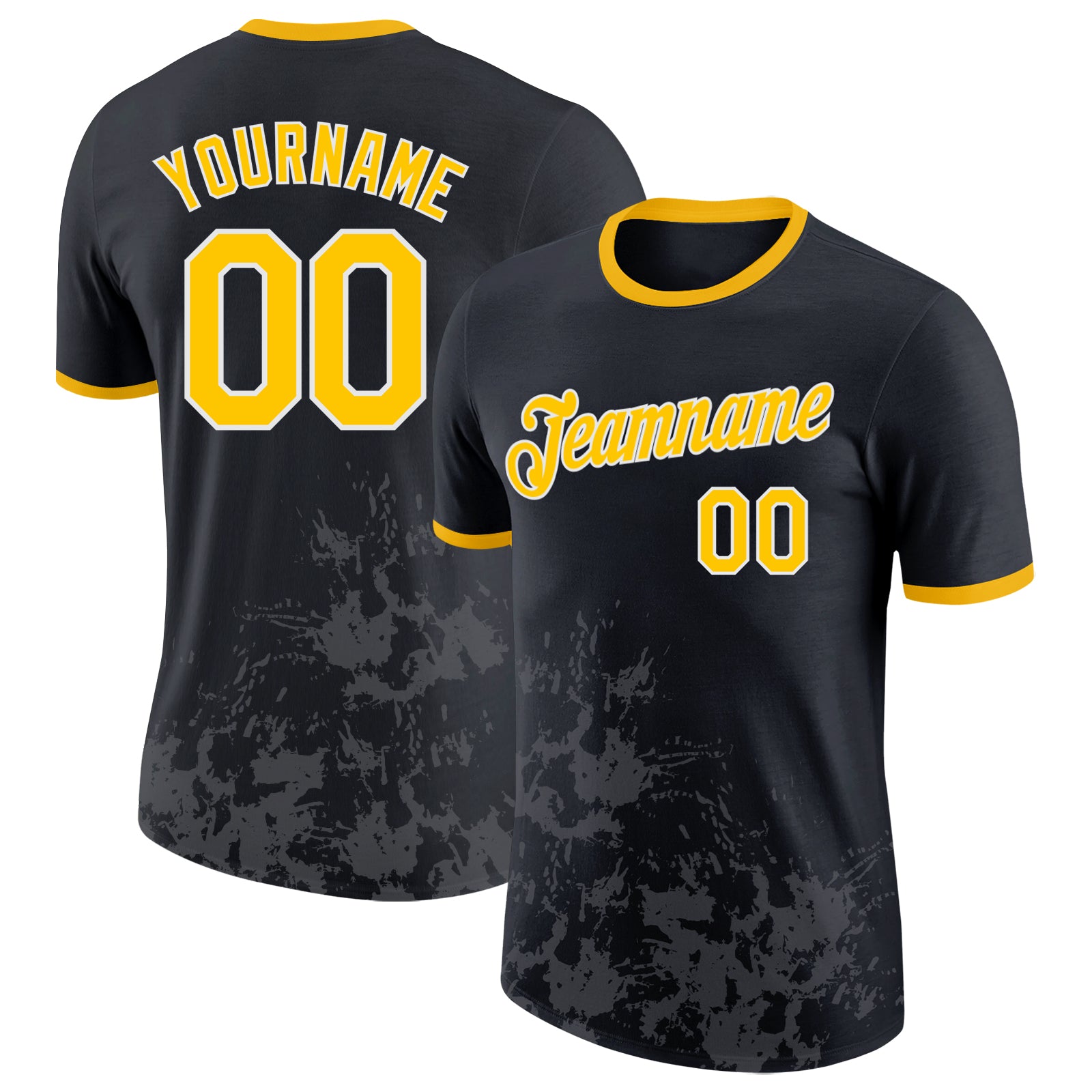Custom Black Yellow Steel Gray-White Brush Stroke Splatter Performance T-Shirt