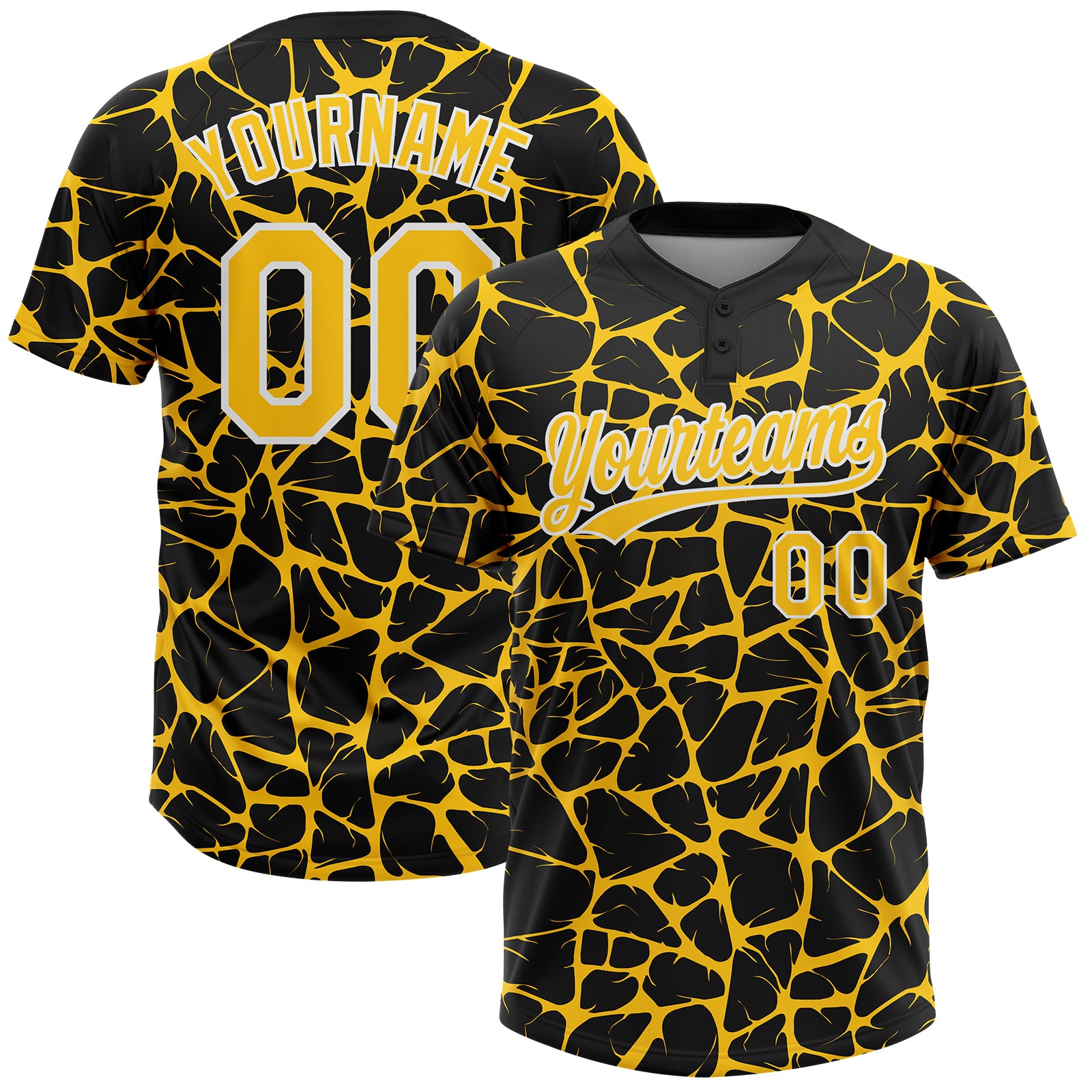 Custom Black Yellow-White 3D Pattern Design Abstract Network Crackle Two-Button Unisex Softball Jersey