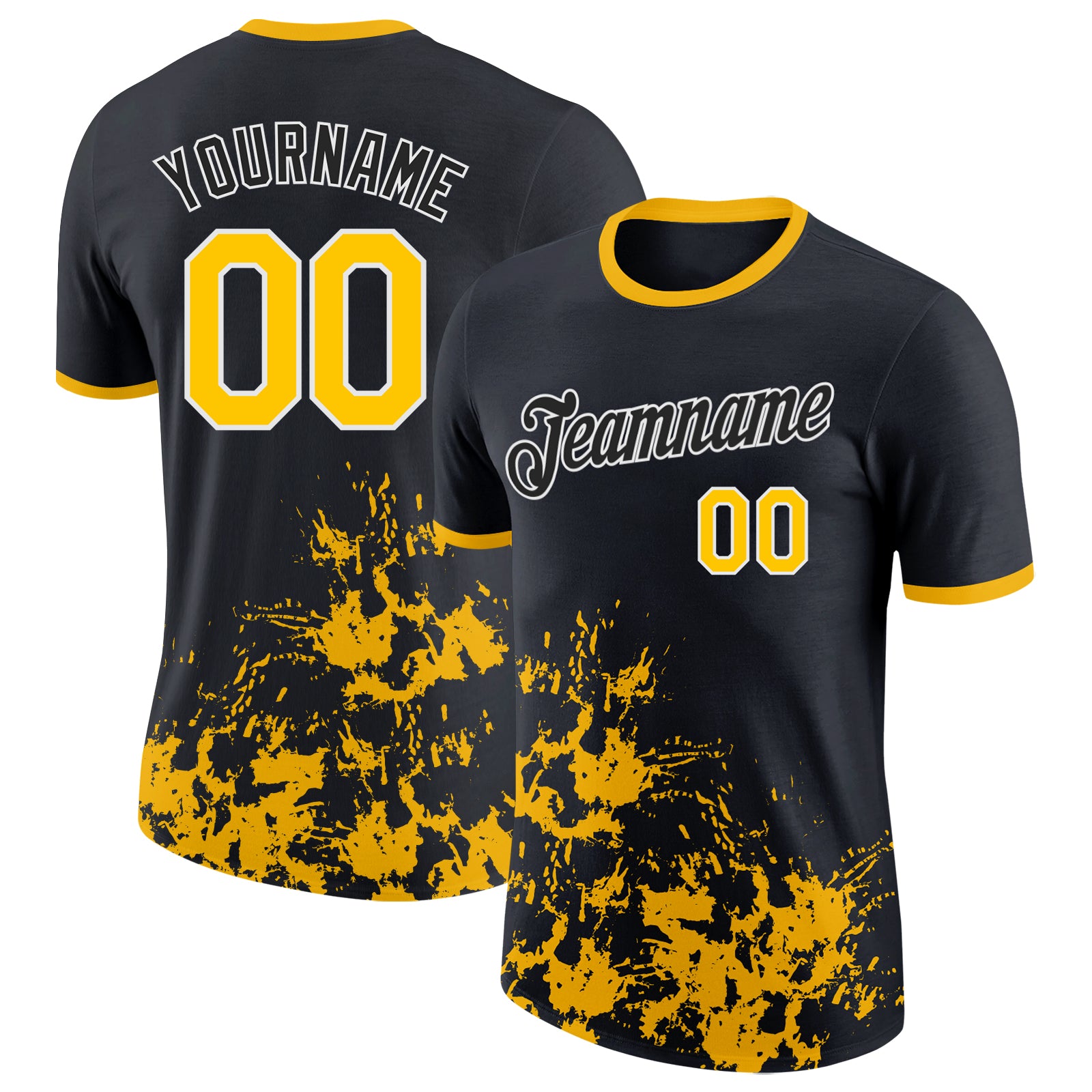 Custom Black Yellow-White Brush Stroke Splatter Performance T-Shirt