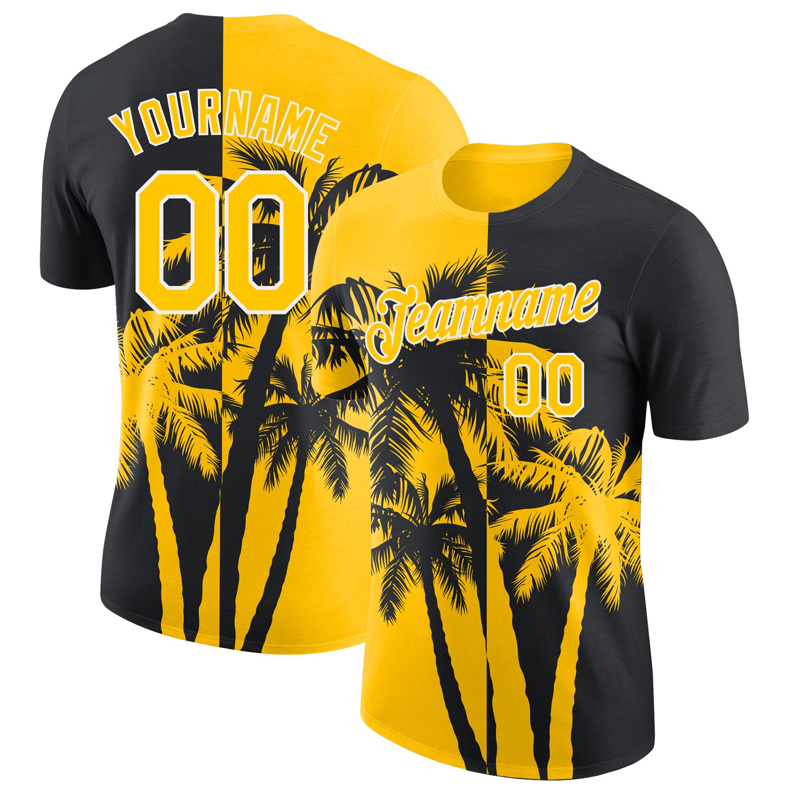 Custom Black Yellow-White Hawaii Tropical Coastal Palm Trees Performance T-Shirt