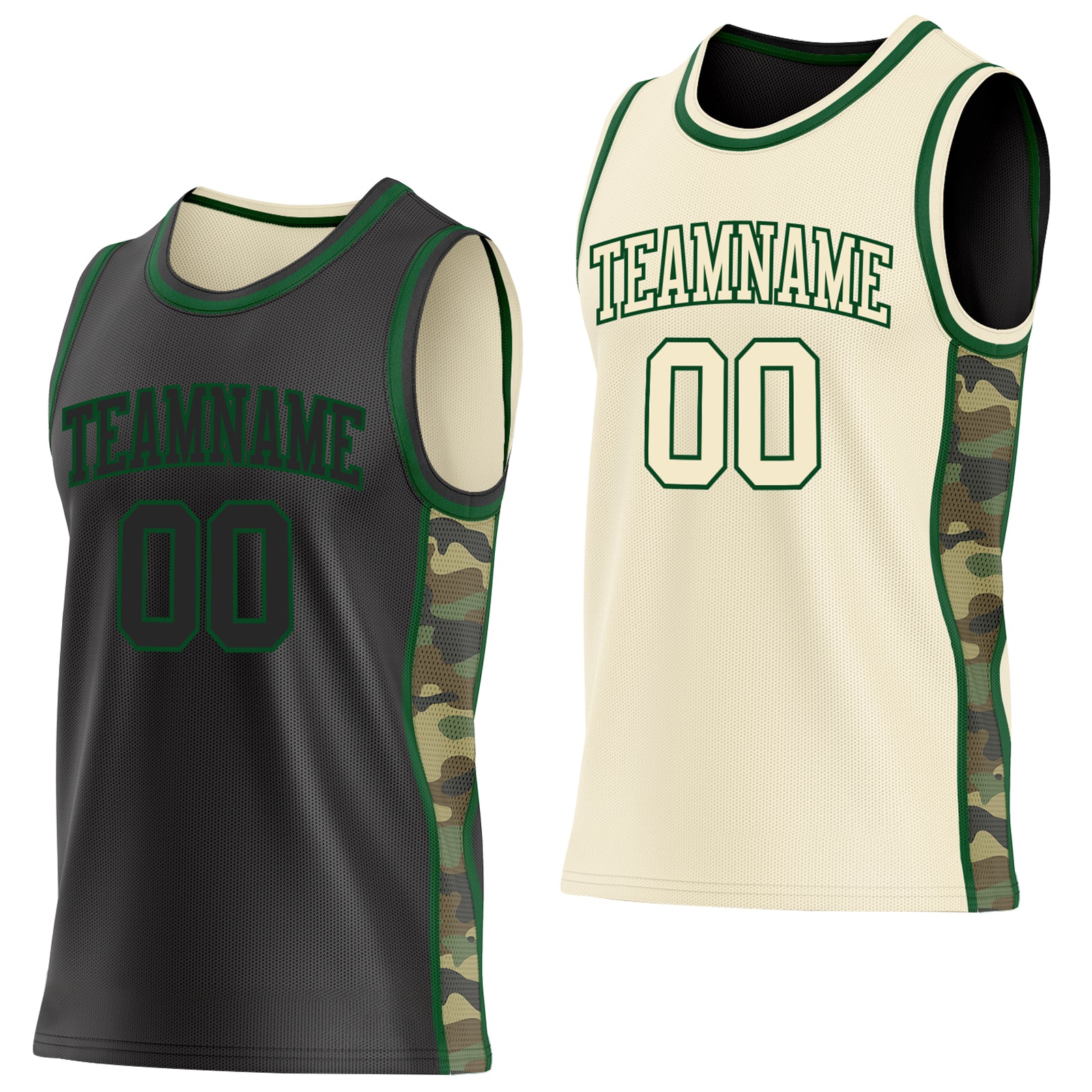 Custom Black(Cream)-Green Camo Side Panel Stripe Reversible Double Side Sublimation Basketball Set Jersey