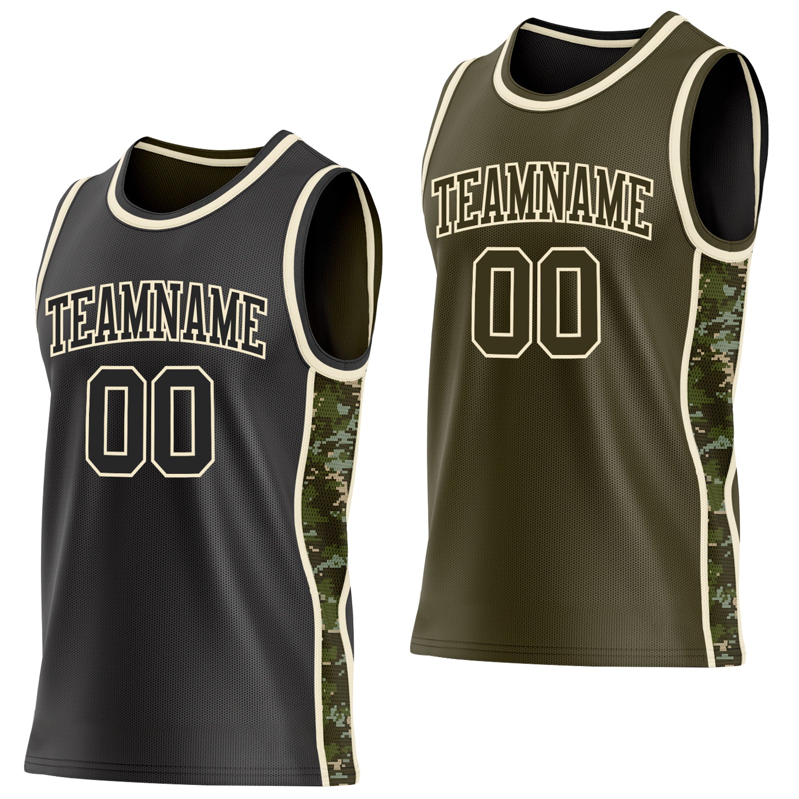 Custom Black(Olive)-Cream Digital Camo Side Panel Stripe Reversible Double Side Sublimation Basketball Set Jersey