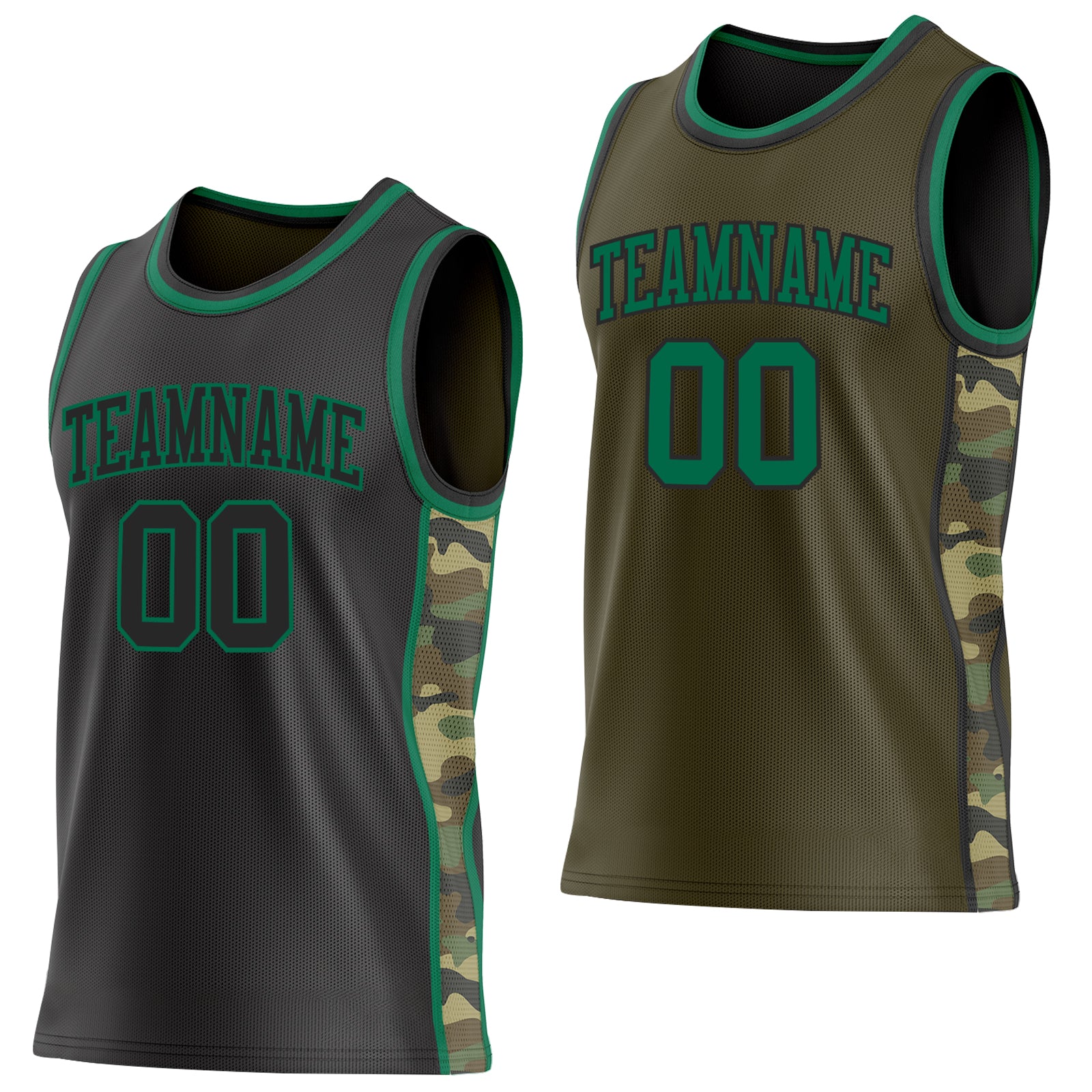 Custom Black(Olive)-Kelly Green Camo Side Panel Stripe Reversible Double Side Sublimation Basketball Set Jersey