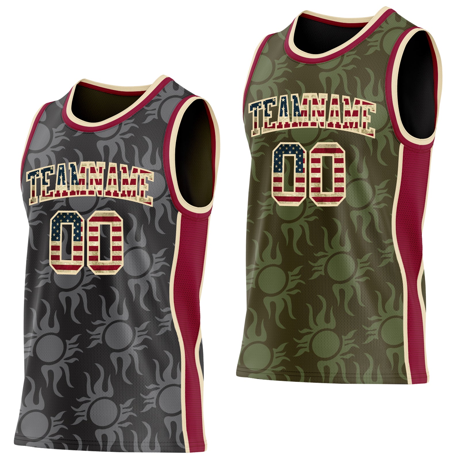 Custom Black(Olive) Vintage USA Flag Cream-Maroon Side Panel Stripe Sun Flame Reversible Double Side Sublimation Basketball Set Jersey