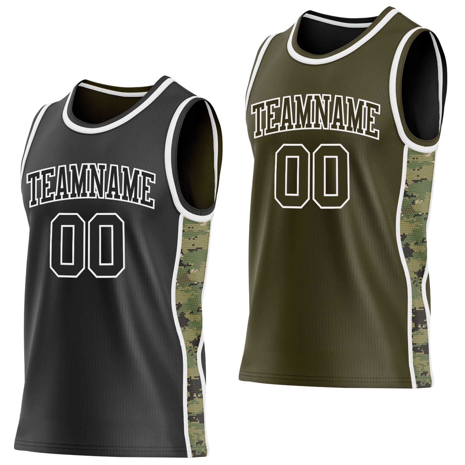 Custom Black(Olive)-White Digital Camo Side Panel Stripe Reversible Double Side Sublimation Basketball Set Jersey