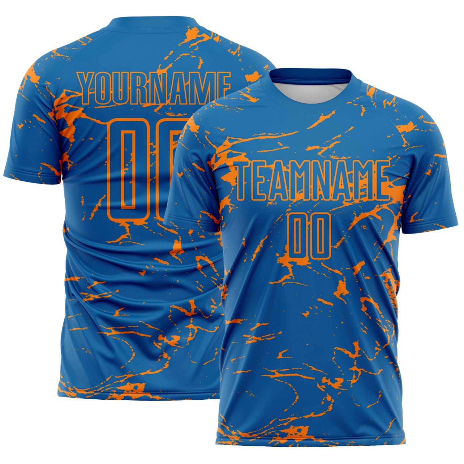 Custom Blue-Bay Orange Abstract Fluid Marble Sublimation Soccer Uniform Jersey