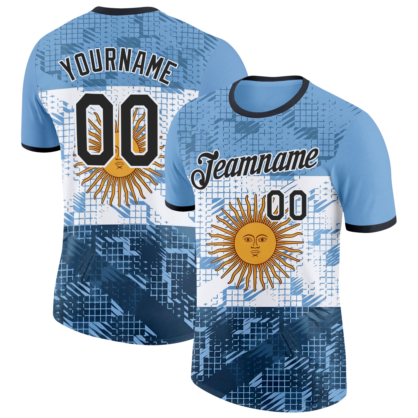 Custom Blue Black-White Argentina Sun Geometric Shape Performance T-Shirt